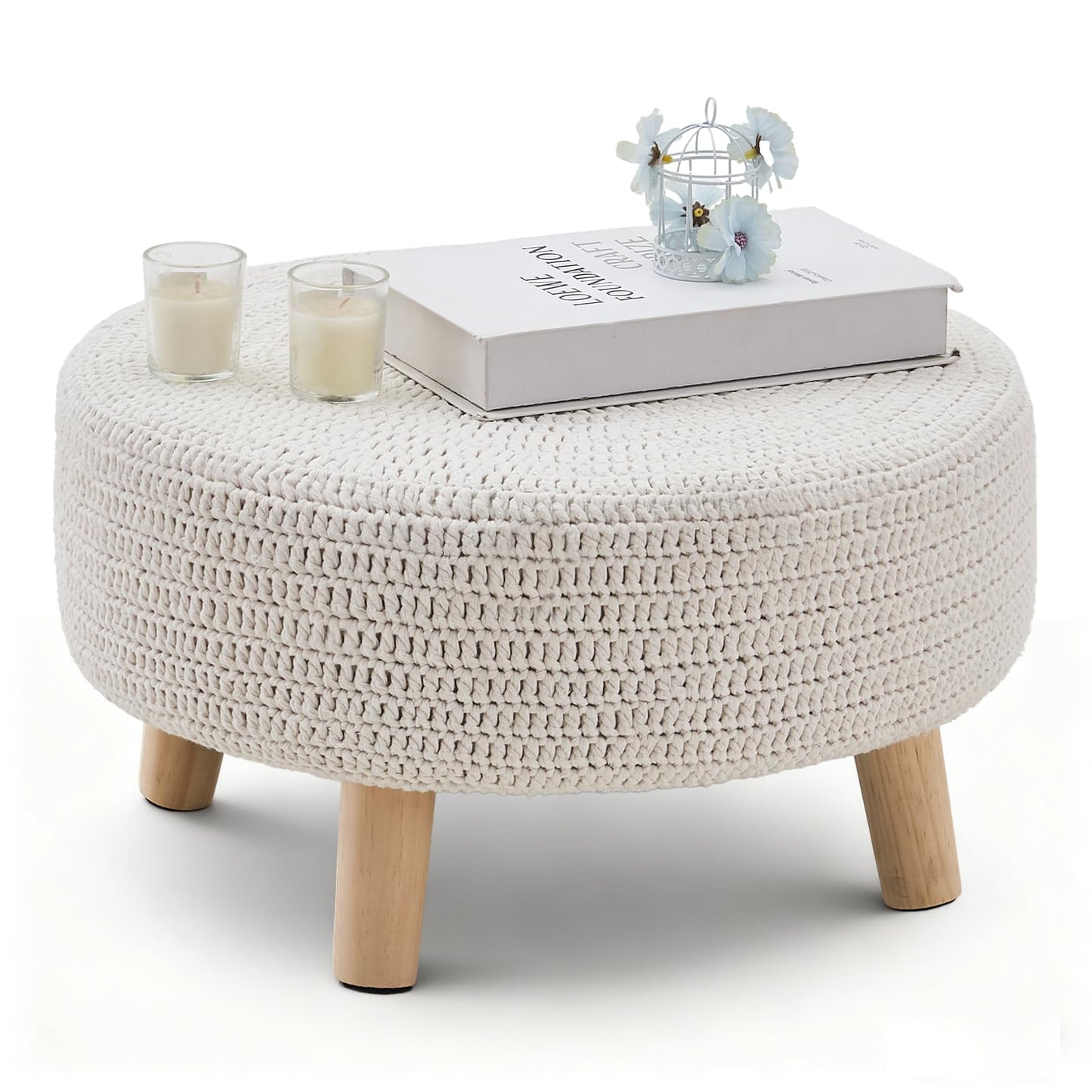 Wimarsbon Pouf Ottoman, 100% Cotton Knitted Boho Footstool, Round Footrest with Non-Skid Wood Legs, Home Décor Handmade Pouffe, Leisure Floor Step Stool for Living Room (20" White)