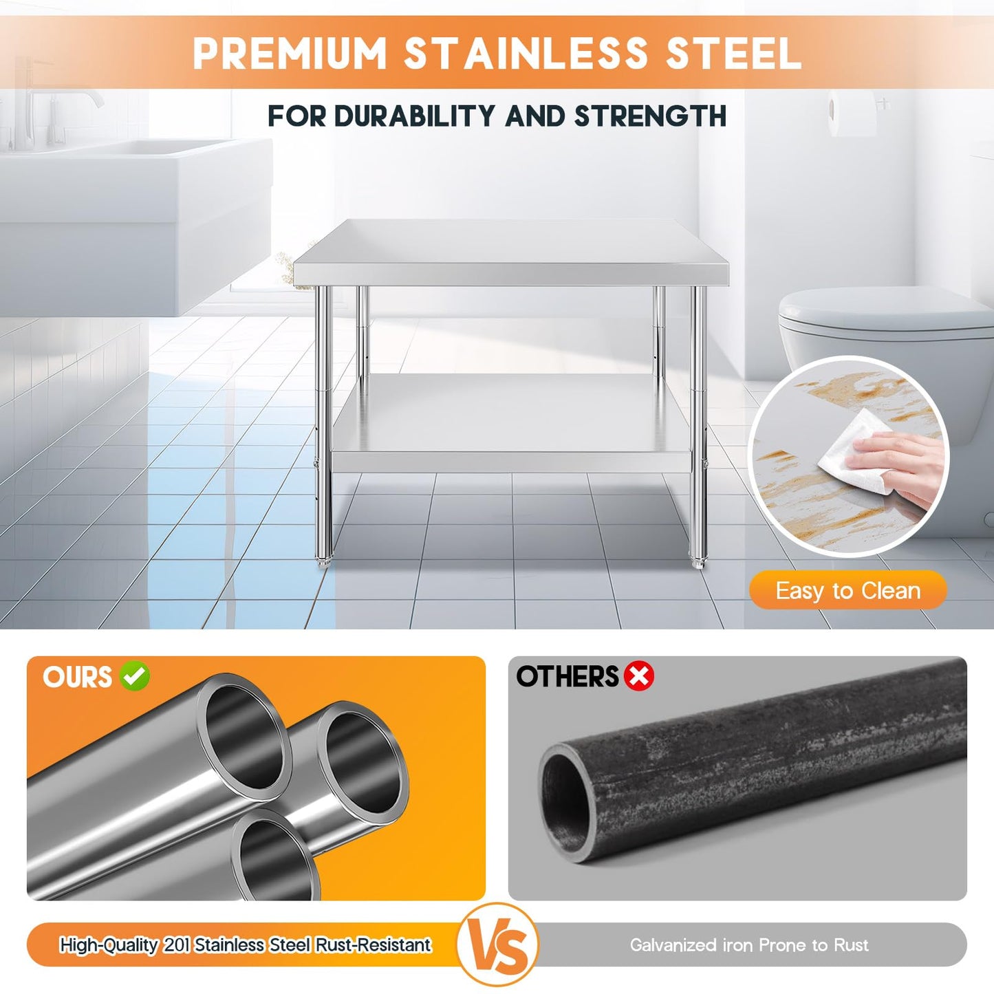 30" x 48" Stainless Steel Prep Table with Adjustable Under Shelf & Legs - Ideal for Commercial Kitchen, Restaurant, Hotel & Garage Workspaces