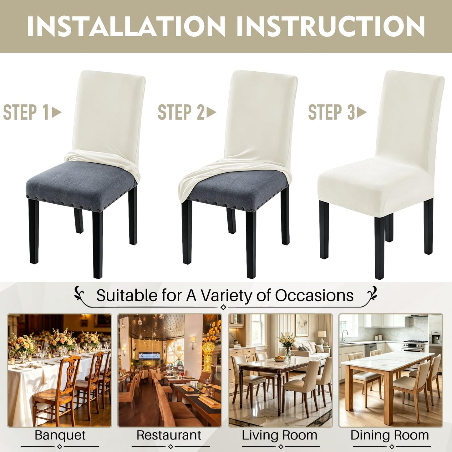 YEMYHOM Real Velvet Dining Chair Covers Set of 6, Stretch Parsons Chair Slipcovers, Super Soft Removable Washable Kitchen Chair Protector Cover for Dining Room, Restaurant, Banquet (Beige)