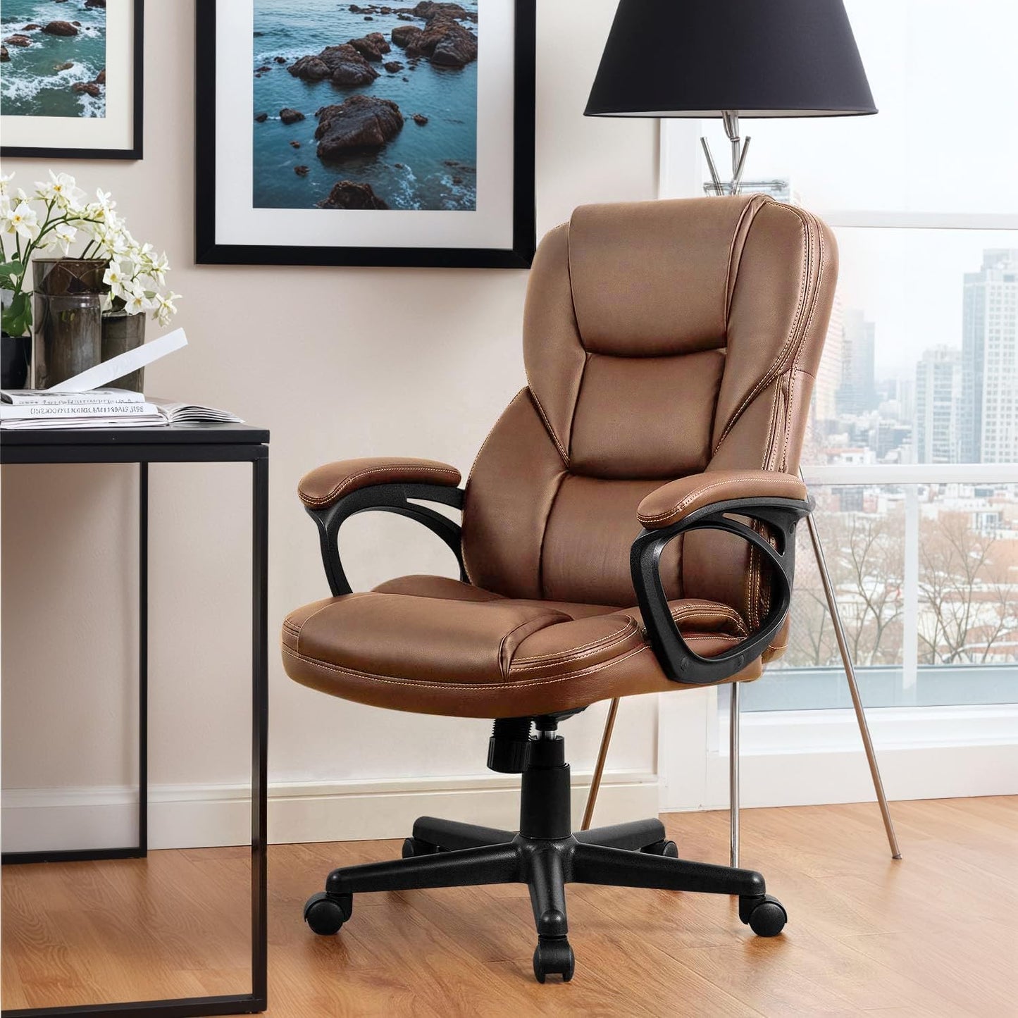 Furmax Office Executive Chair High Back Adjustable Managerial Home Desk Chair, Swivel Computer PU Leather Chair with Lumbar Support (1, Light Brown)