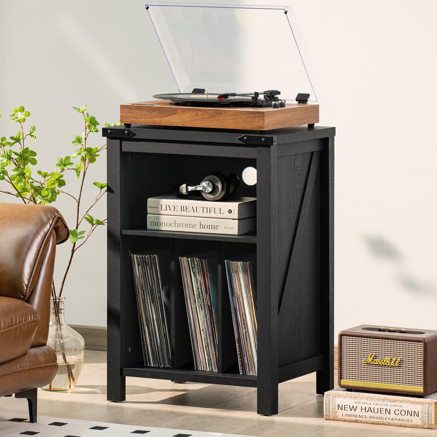 Joaxswe Record Player Stand with Vinyl Record Storage,Black Record Player Table Holds up to 160 Albums,Large Wood Turntable Stand Cabinet Dispaly Shelf for Living Room,Bedroom,Office