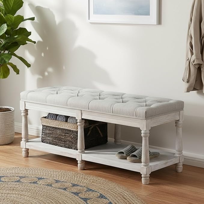 Farmhouse Storage Bench Wooden Entryway Upholstered Tufted Ottoman Bench