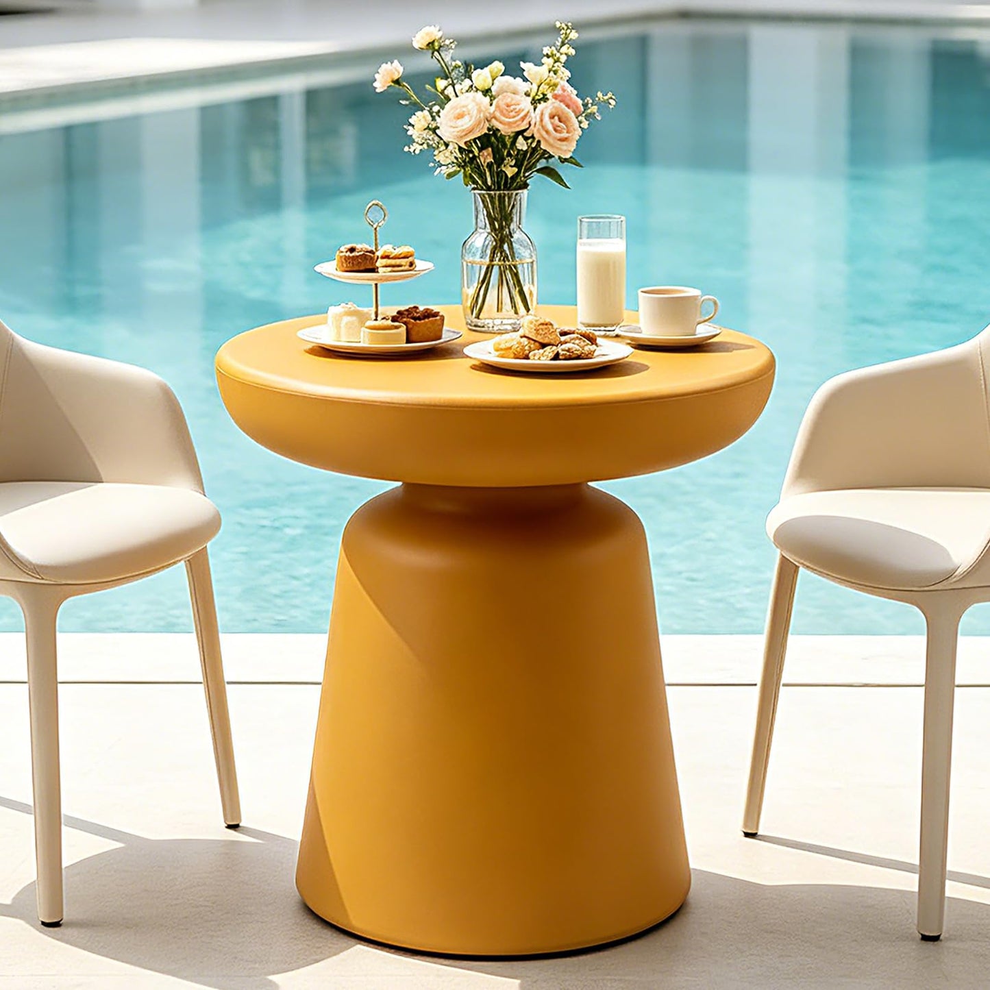 Modern Round Side Table, 16" Ginger Yellow PE Material Accent End Table, Mushroom Shaped Small Coffee Table for Living Room Bedroom Sofa Corner, Waterproof Pedestal Nightstand for Indoor/Outdoor