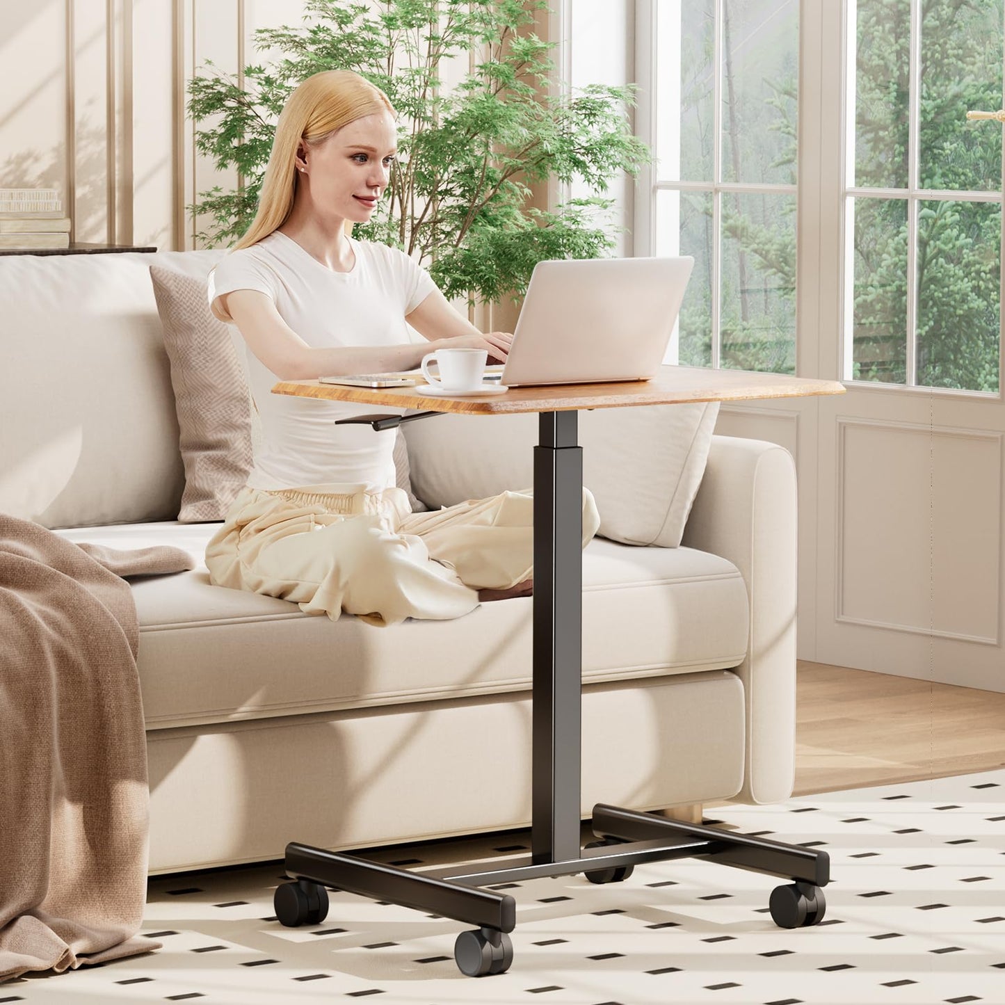 OLIXIS Small Standing Desk with Locking Wheels, Mobile Portable Rolling Laptop PC Table, Adjustable Height Computer Workstation for Home Office, 19 Inch, Brown