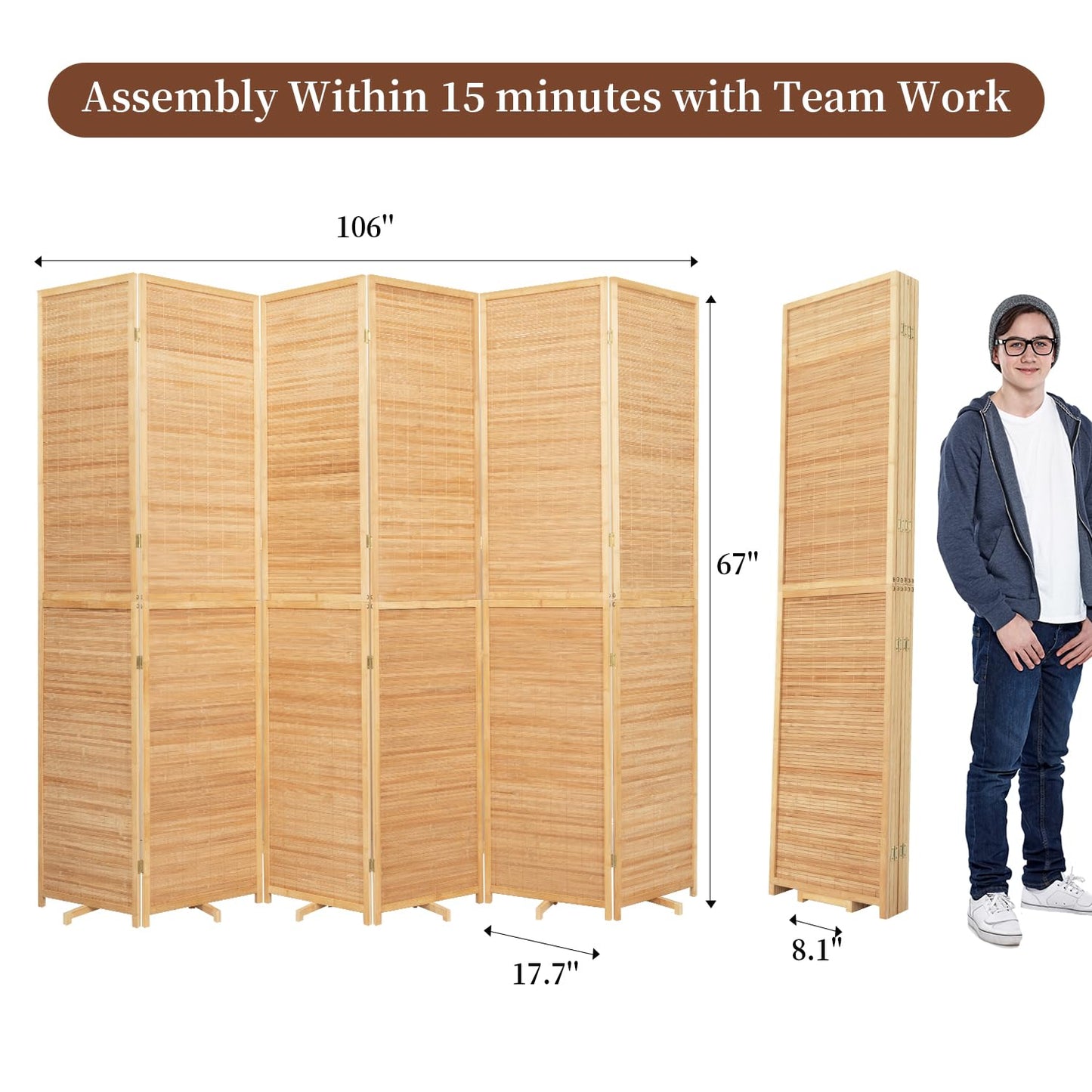 Bamboo Room Divider 6 Panel Wall Divider, 106'' W x 67'' H Folding Design with Extra Stable Base, 100% Bamboo Room Divider Screen for Room Separation, Chinese Room Partitions and Dividers Freestanding