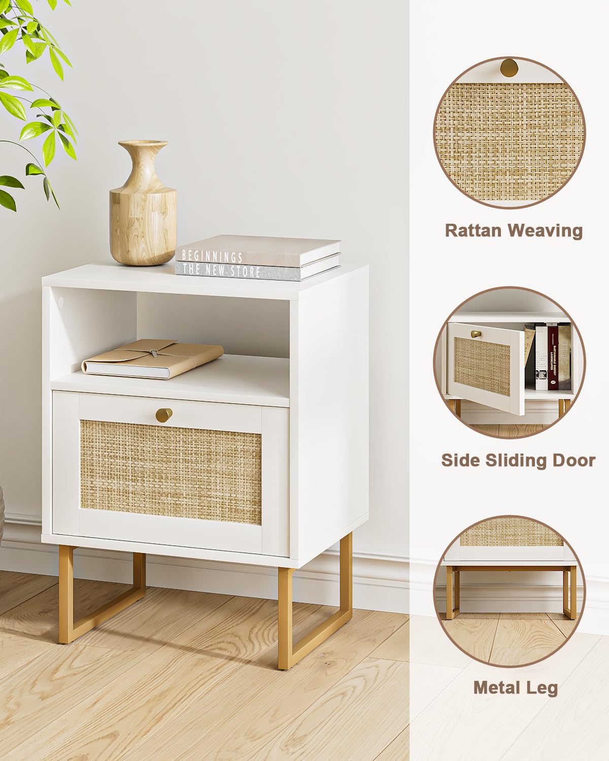 Apetaccat Rattan Nightstand, Boho Night Stand Farmhouse Wood Bedside Table with Storage and Open Shelf, End Side Accent Table for Bedroom,Living Room,White