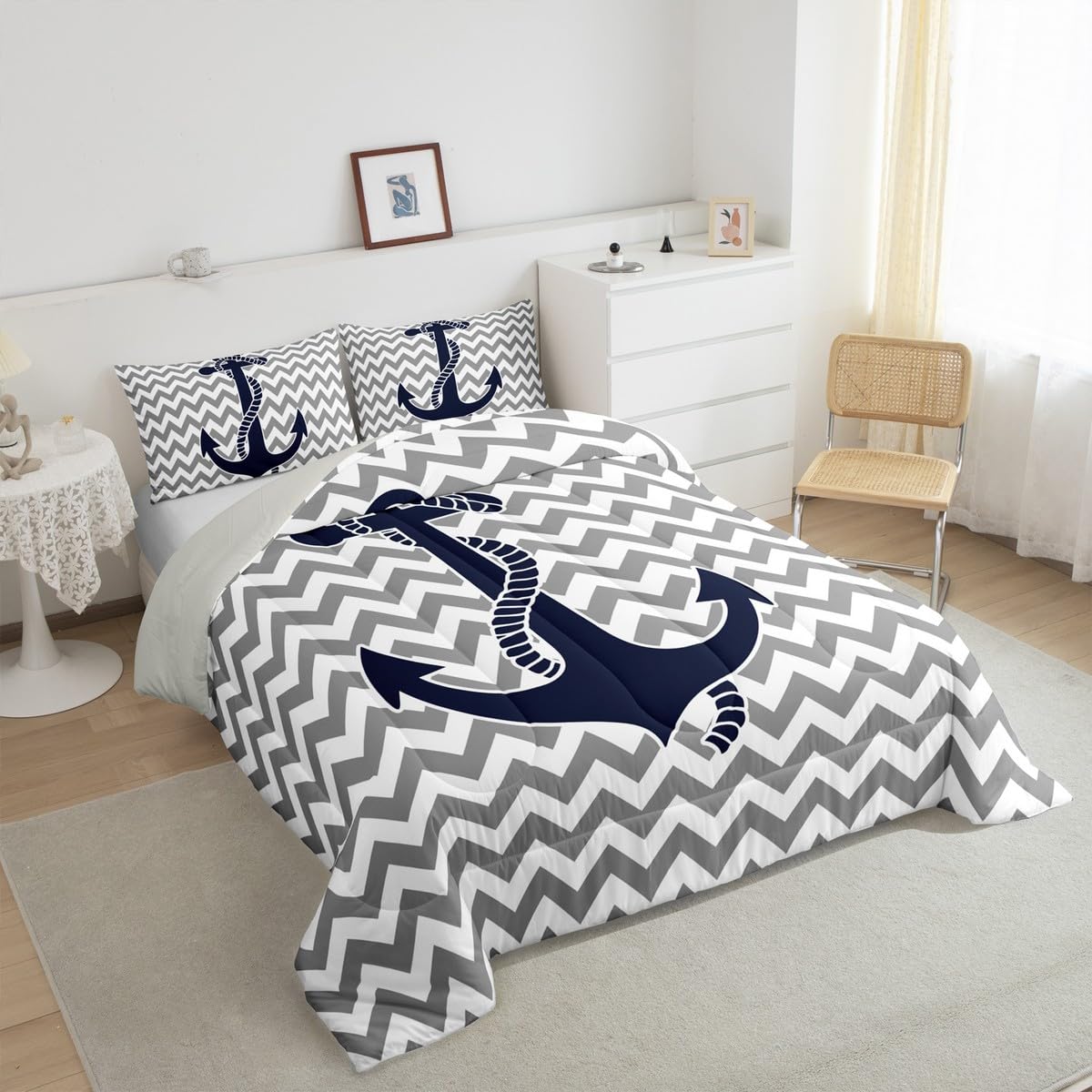 Castle Fairy Nautical Anchor Comforter Set Twin Size,Geometric Gray Stripe Bedding Set 2pcs for Kids Teens Adults Room Decor,Ocean Adventure Themed Quilt Set Modern Abstract Duvet Insert,1 Pillowcase