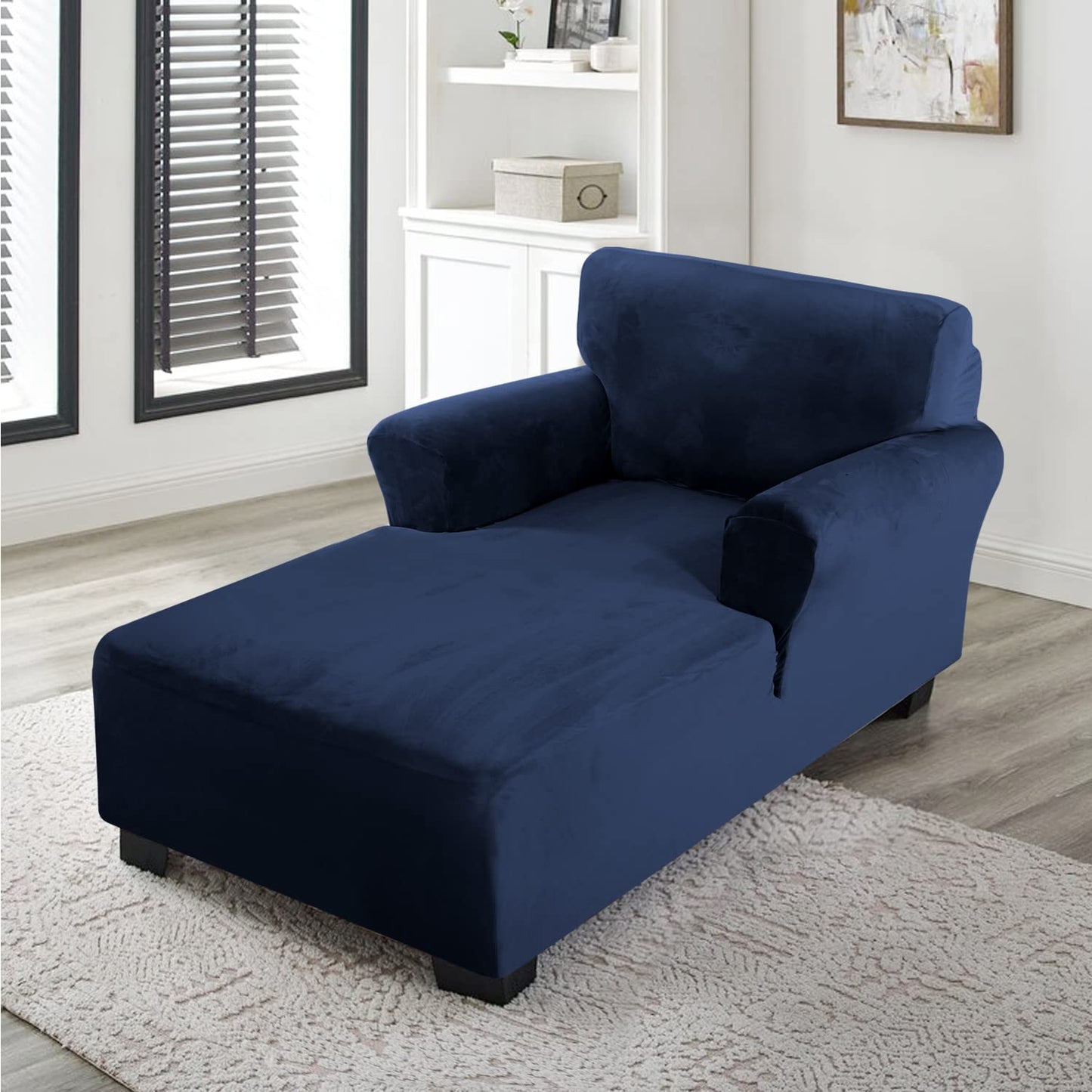 FantasDecor Velvet Chaise Lounge Cover Stretch Double Arm Chair Slipcover for Living Room Bedroom Soft Plush Fabric Machine Washable, Navy