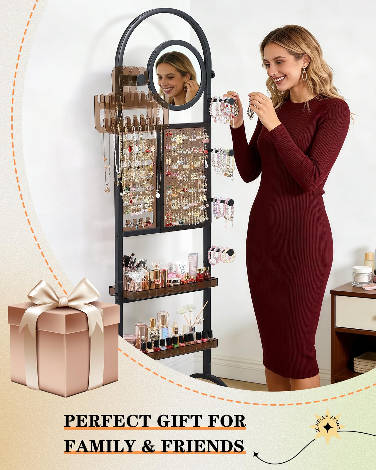 Mirror Jewelry Cabinet Standing, Jewelry Organizer and Storage with Jewelry Mirror, Jewelry Armoire with Earring Organizer Necklace Holder Bracelet Display, Large Tall Stand Up Jewelry Box Stand Tree