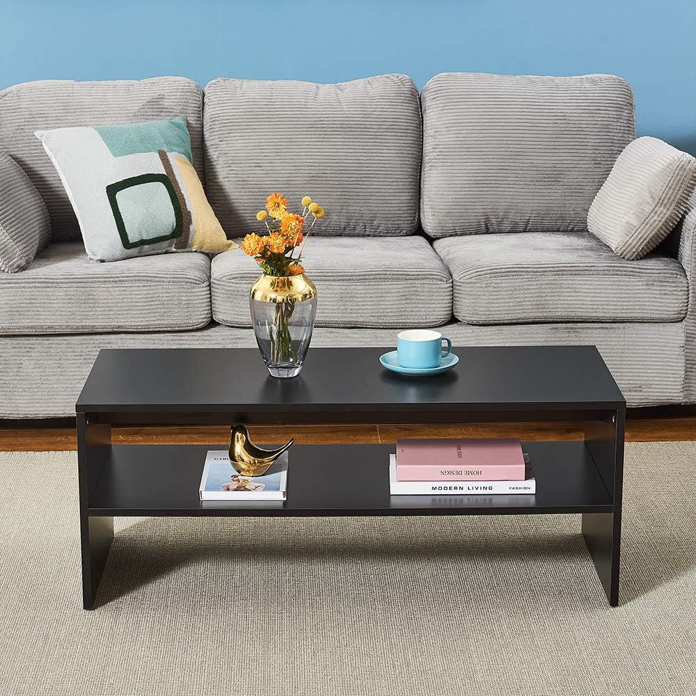 Panana 2-Tier Coffee Table Simple Couch Sofa Side End Table Tea Accent Table for Living Room Office, 39.4" x 15.7" x 15.7" (Black)