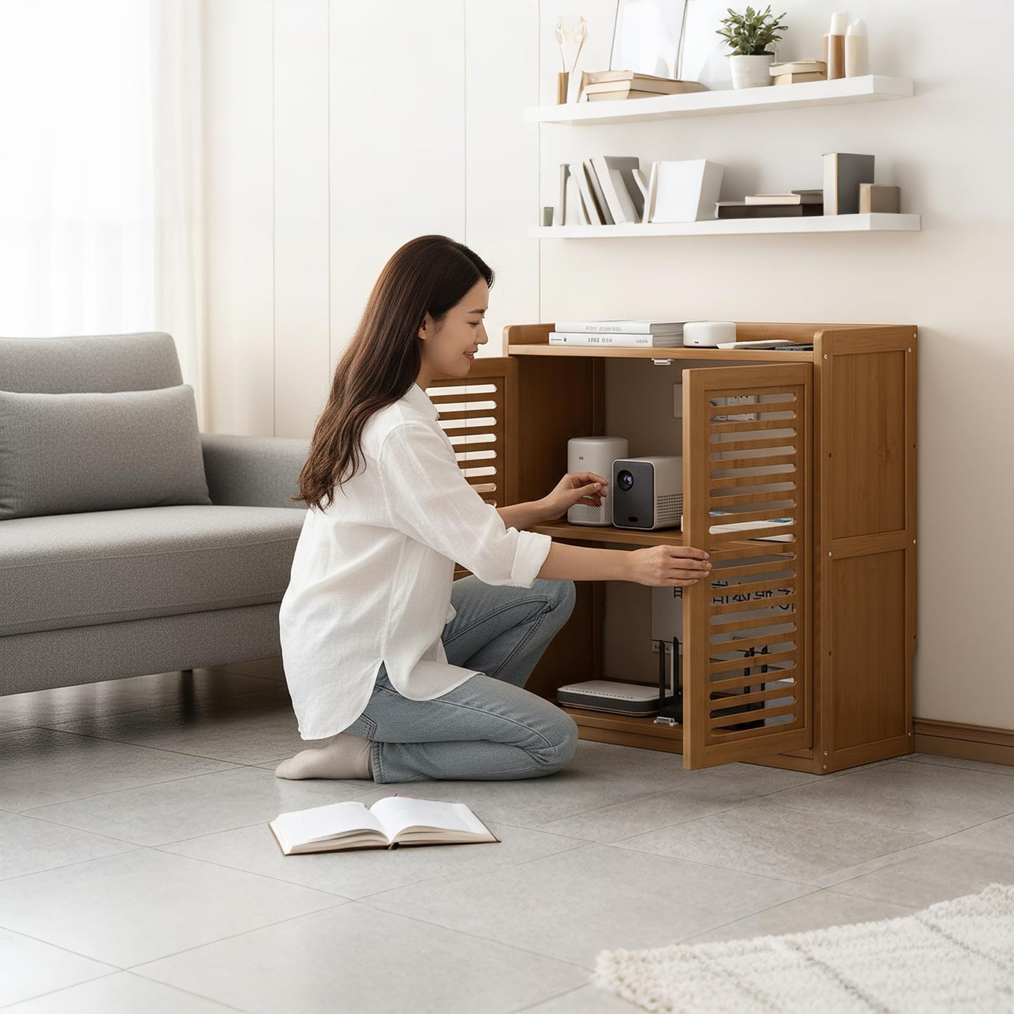 GODNOEI WiFi Router Storage Cabinet Floor Standing Modem Box, Multifunctional Concealment Organizer Wall Mountable for Home Office Living Room