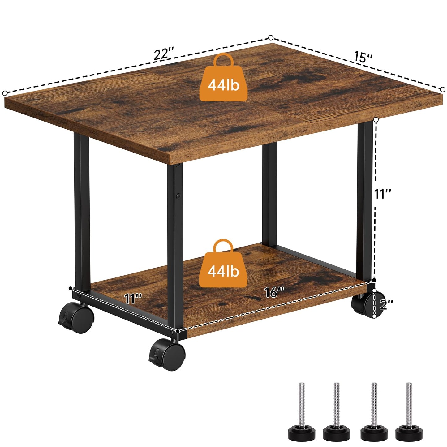Asgolion Printer Table, 2-Tier Under Desk Printer Stand, Printer Stand with Wheels, Printer Shelf for Small Spaces, Printer Cart for Home Office Rustic Brown