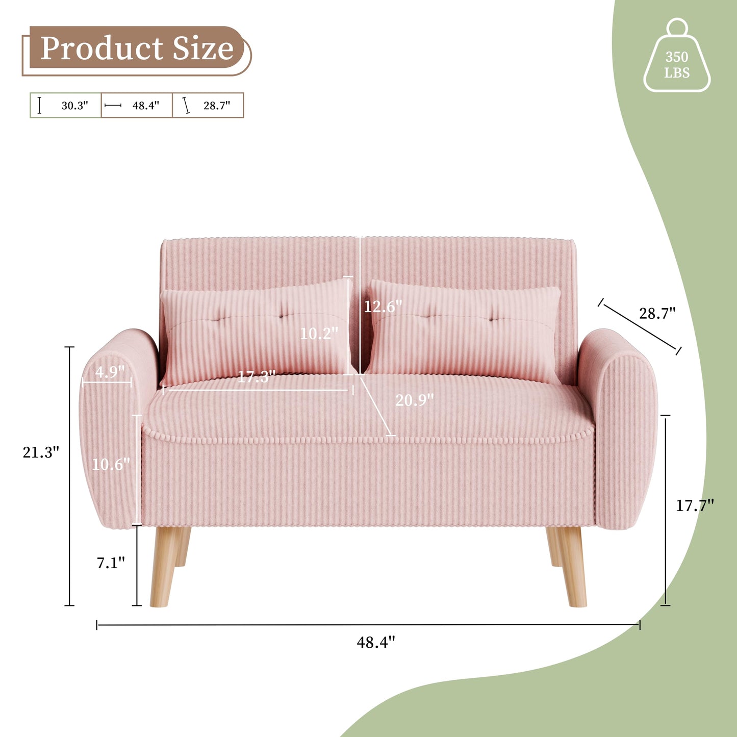 Vongrasig 47" Small Modern Loveseat Sofa, Mid Century Soft Corduroy Fabric 2-Seat Sofa Couch Tufted Love Seat with Back Cushions and Tapered Legs for Living Room, Bedroom and Small Space (Pink)