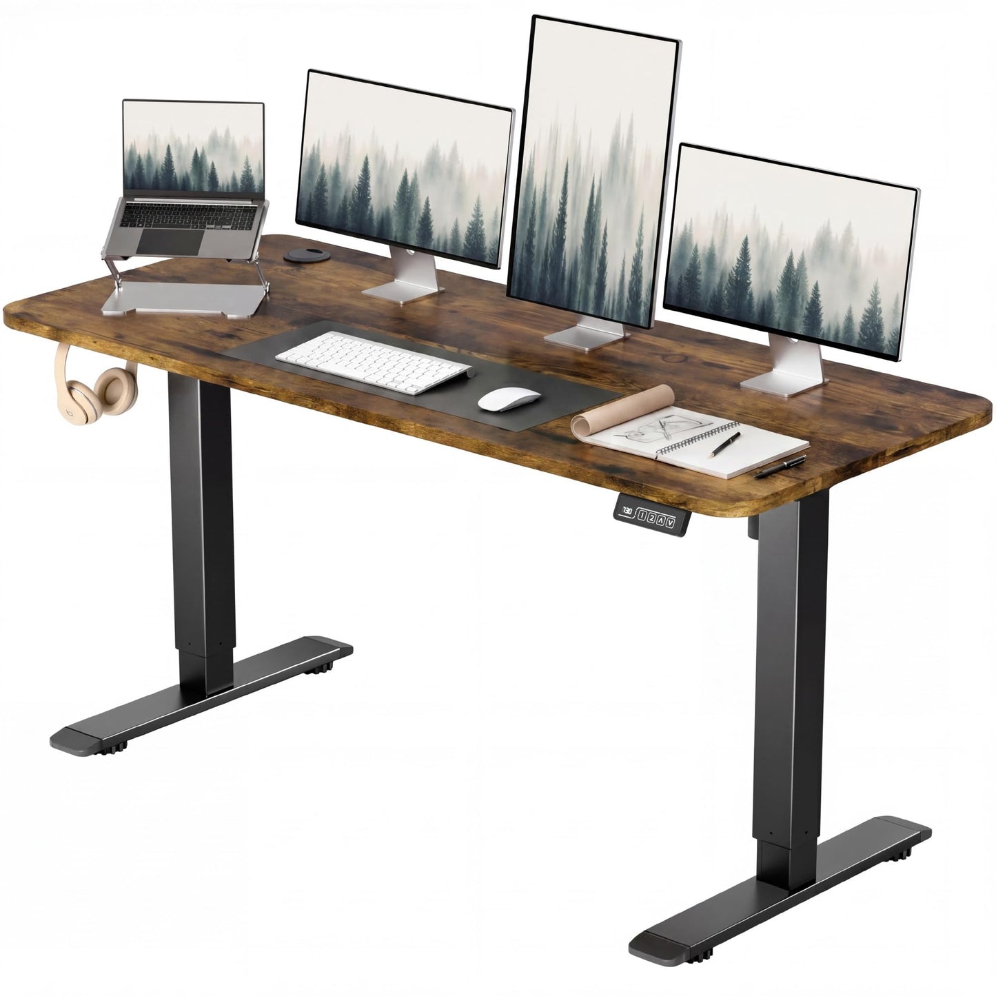 Furmax Electric Height Adjustable Standing Desk Large 55 x 24 Inches Sit Stand up Desk Home Office Computer Desk Memory Preset with T-Shaped Metal Bracke, Brown