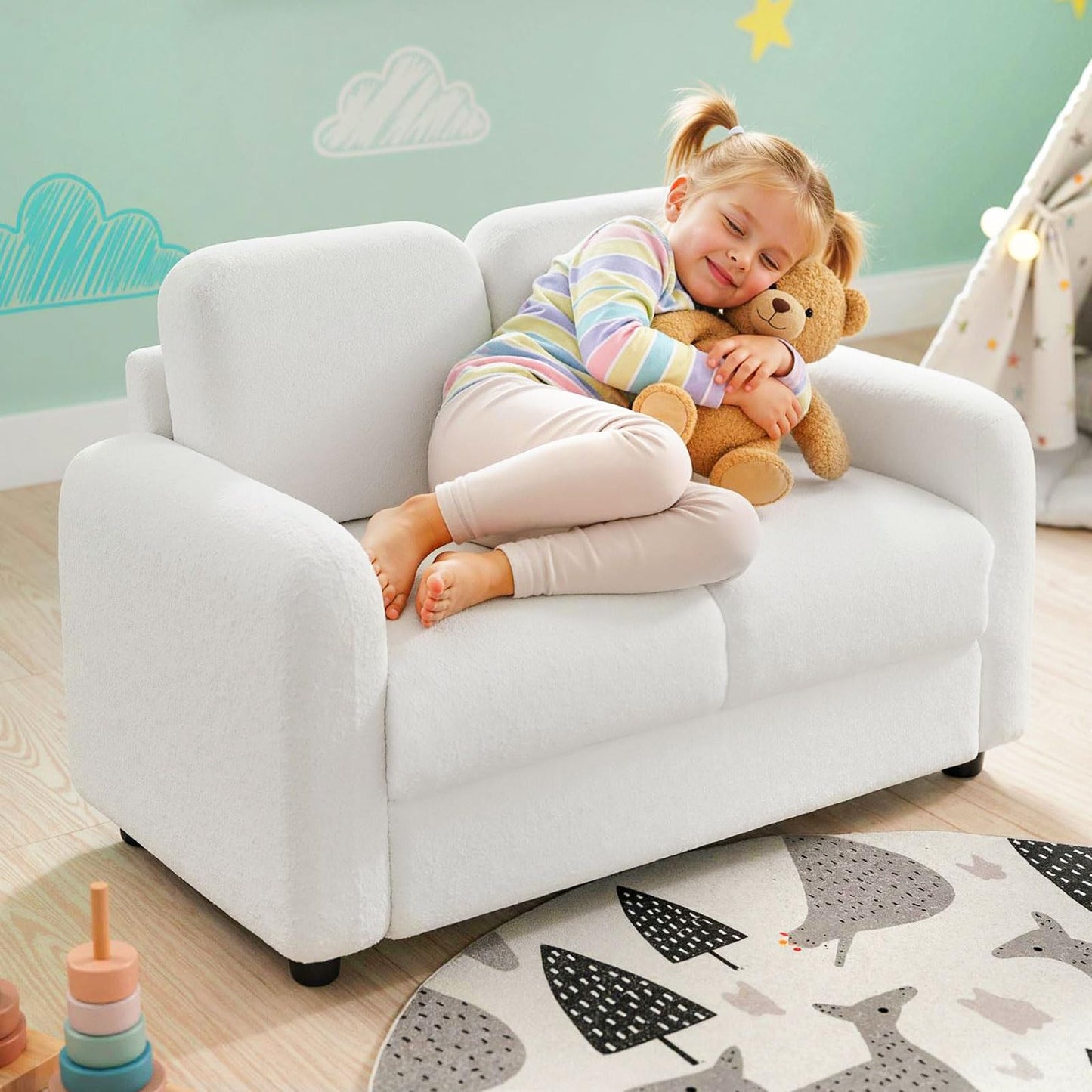 Costzon Kids Couch, 2 Seat Toddler Armrest Chair w/Teddy Fleece Upholstery & Solid Wooden Frame, Double Seat Children's Sofa for Preschool, Bedroom, Playroom, Daycare, Ideal Gift for Girls Boys