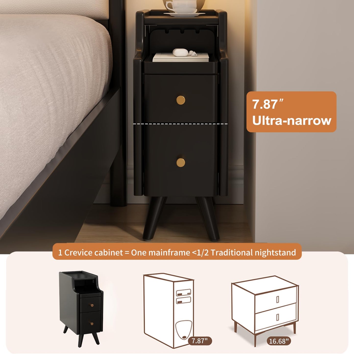 AQIMUELE Narrow Nightstand Set of 2, Small Black Wood Bedside Table with Drawers, End Table for Small Spaces Bedroom