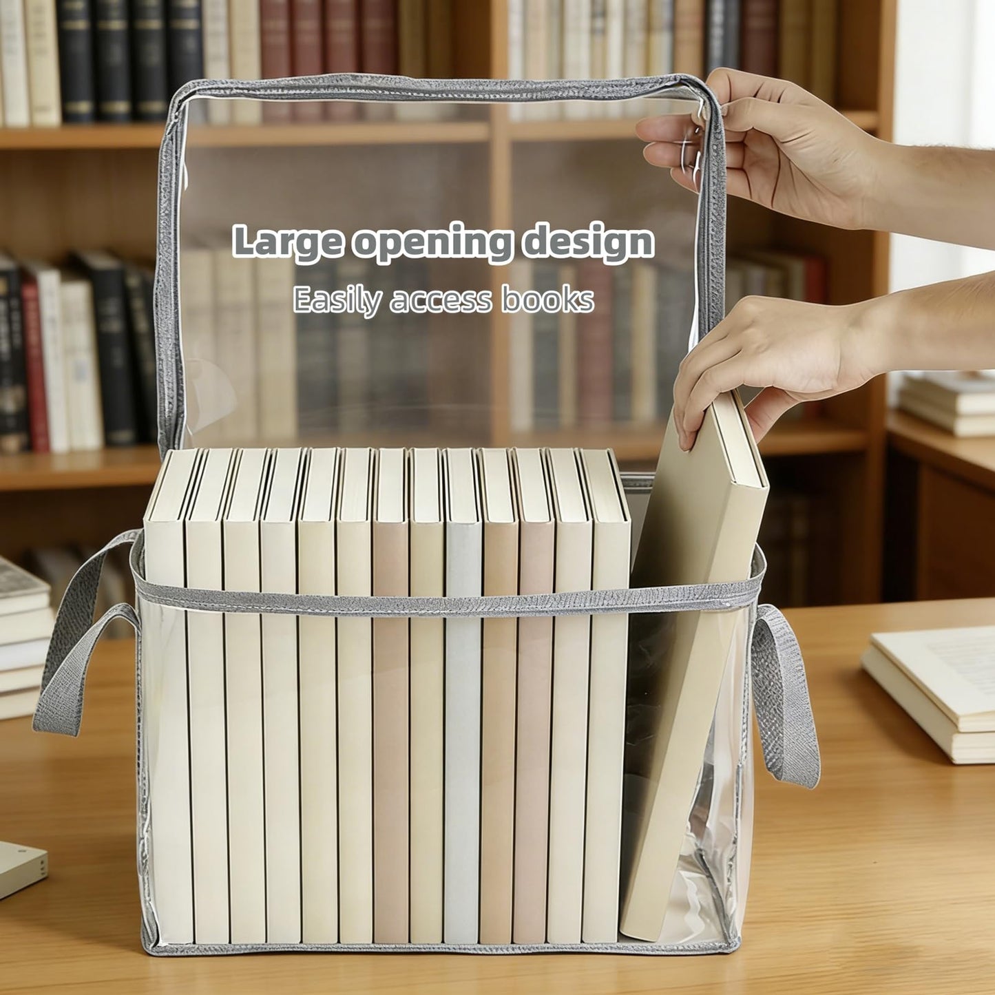 2-Pack Large Clear Book Storage Bags - Waterproof Plastic Comic Book Bin with Carrying Handles - Portable Book Display Case & Closet Organizer for Used Books, DVDs and Magazines - 15" x 9.5" x 12.5"