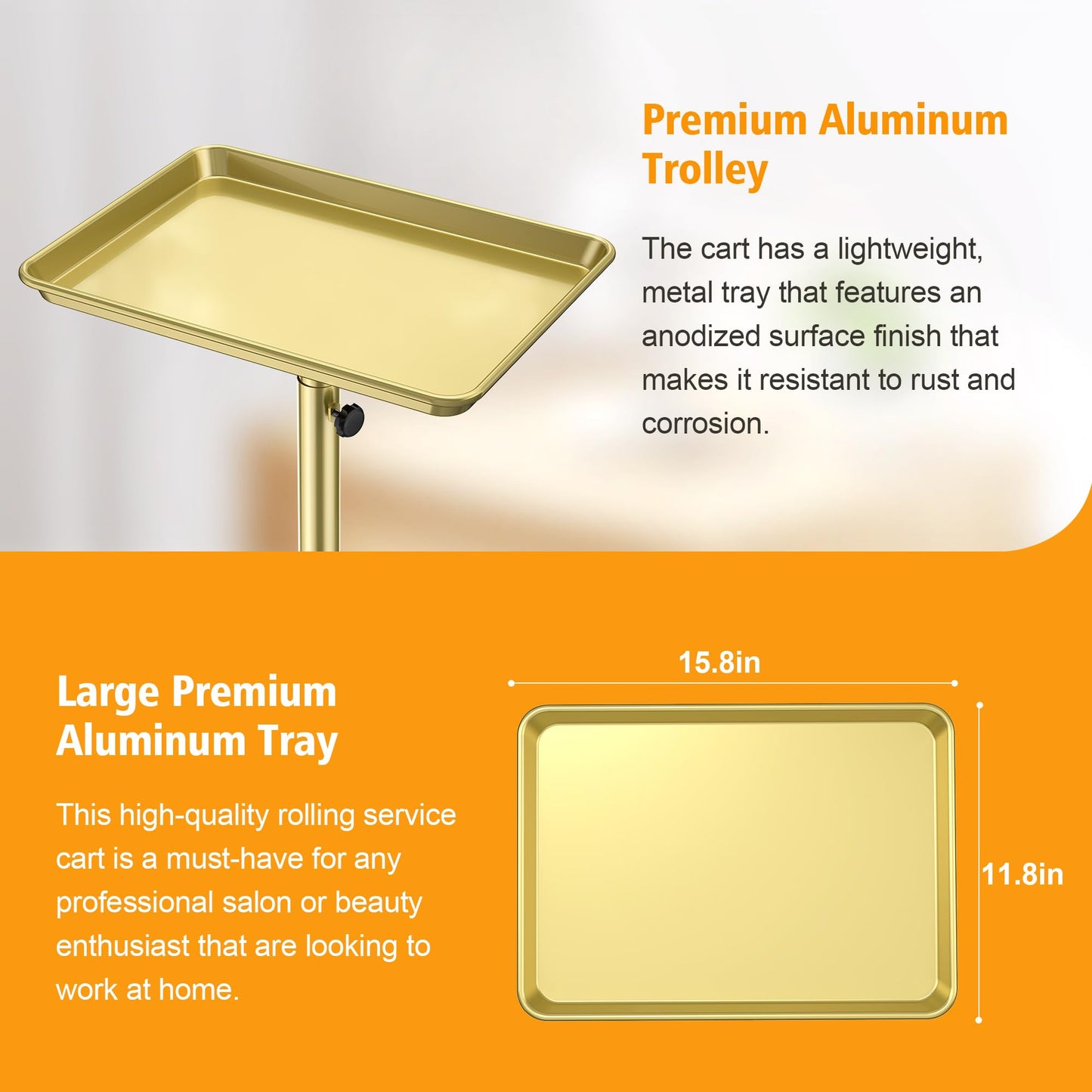 DEER BEAUTY Salon Tray on Wheels - Premium Aluminum Tattoo Tray Rolling Trolley - Adjustable Salon Service Rolling Tray Hairdresser Cart with Clinic Spa Rolling Tray Wheels (Bronze)