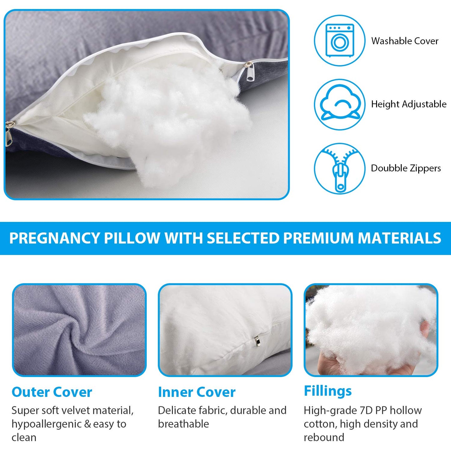 Victostar Pregnancy Pillow,57 inches U Shaped Maternity Pillow with Removable Cover Full Body Pillow Support for Back, HIPS, Legs, Belly (Dark Gray)