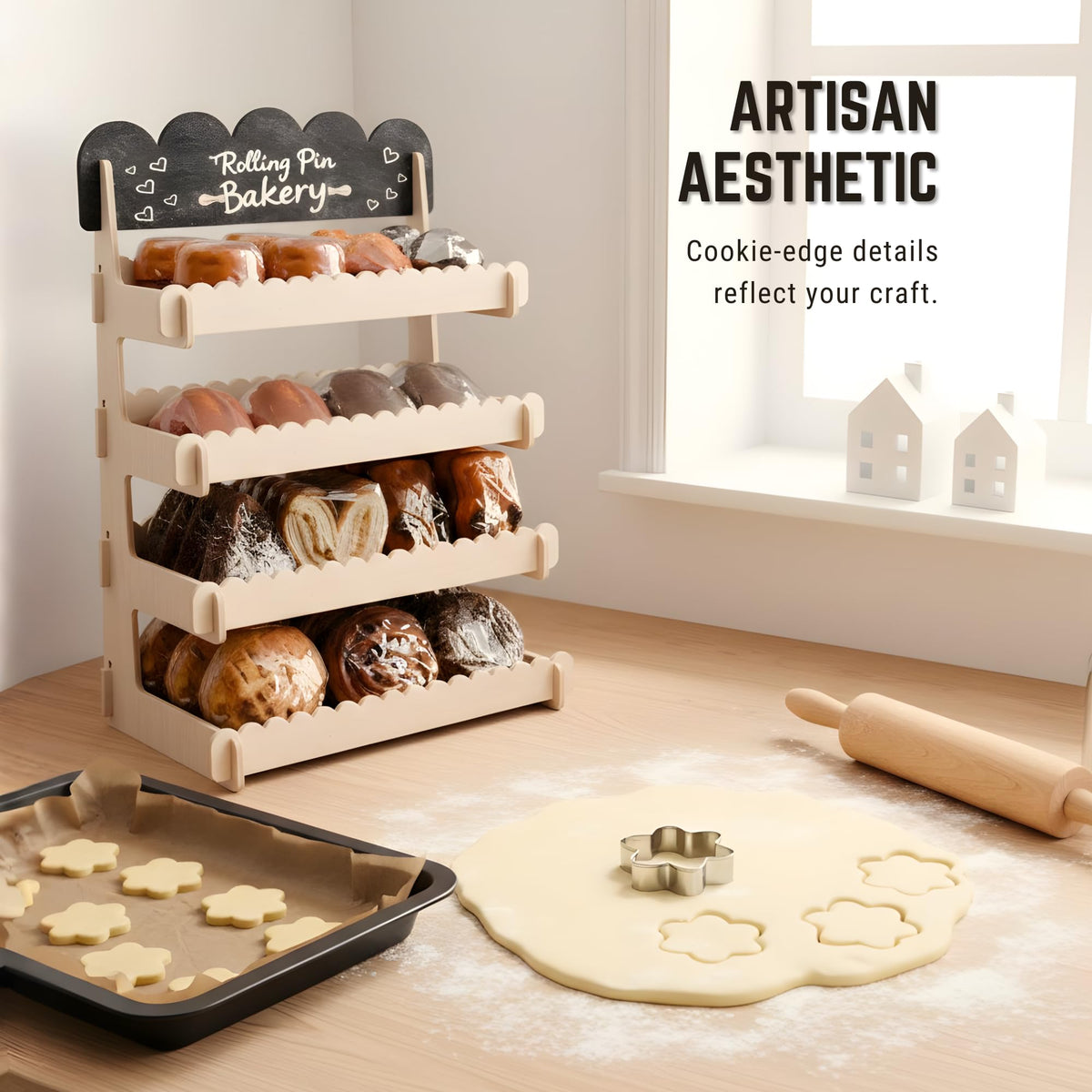 HOTCAN Wooden Cookie Display Stand with Chalkboard Sign for Bakers, Vendors, Craft Fairs | Pastry Display for Market Booths & Events | 4 Tiered Cookie Display for Muffins, Cakes, and Pastries(Natural)
