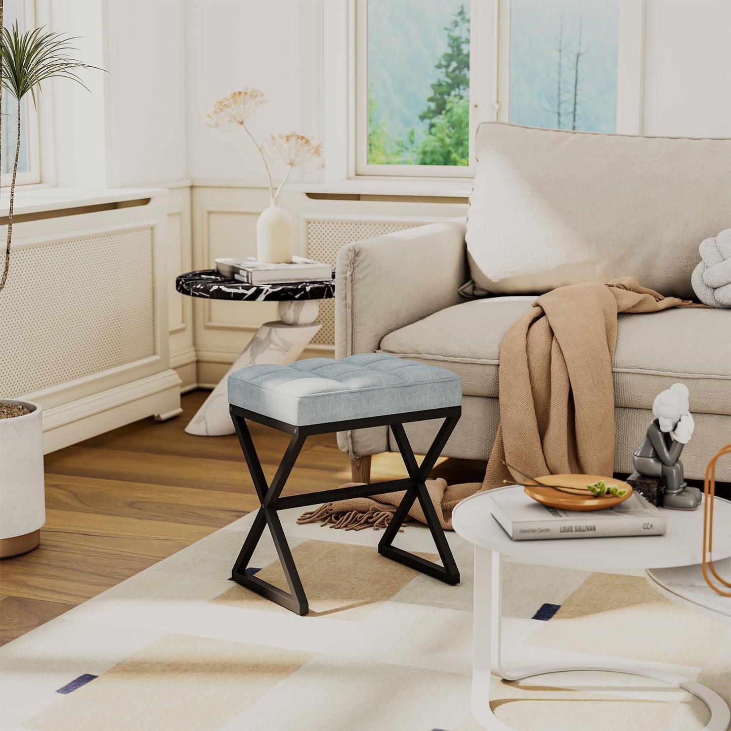 YMYNY Vanity Stool, Linen Footrest Stool, Ottoman Bench with X-Shaped Metal Legs, Makeup Dressing Stool for Vanity, Living Room, Bedroom, Entryway, Hallways 15.74"D×11.81"W×18.11"H Blue Gray UHBD033L