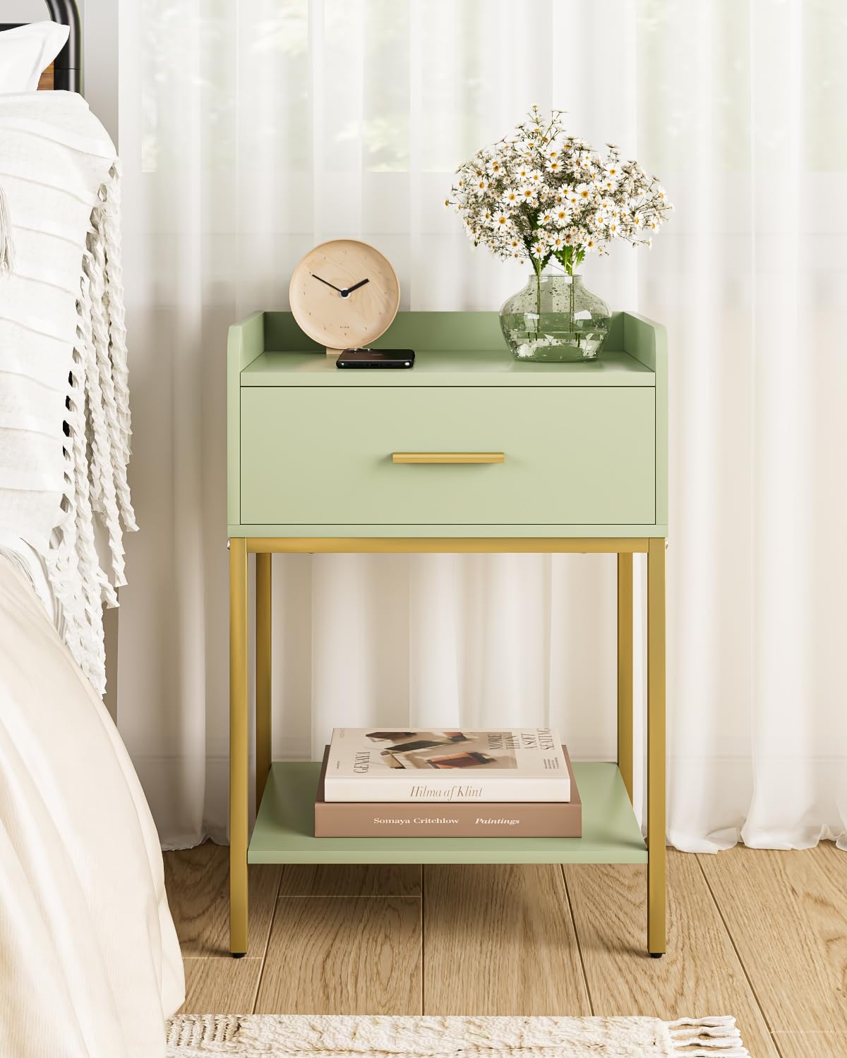 Apetaccat Nightstand,Modern Bedside Table Night Stand with Storage Drawer and Open Shelf,Small End Side Table for Bedroom,Living Room,Green