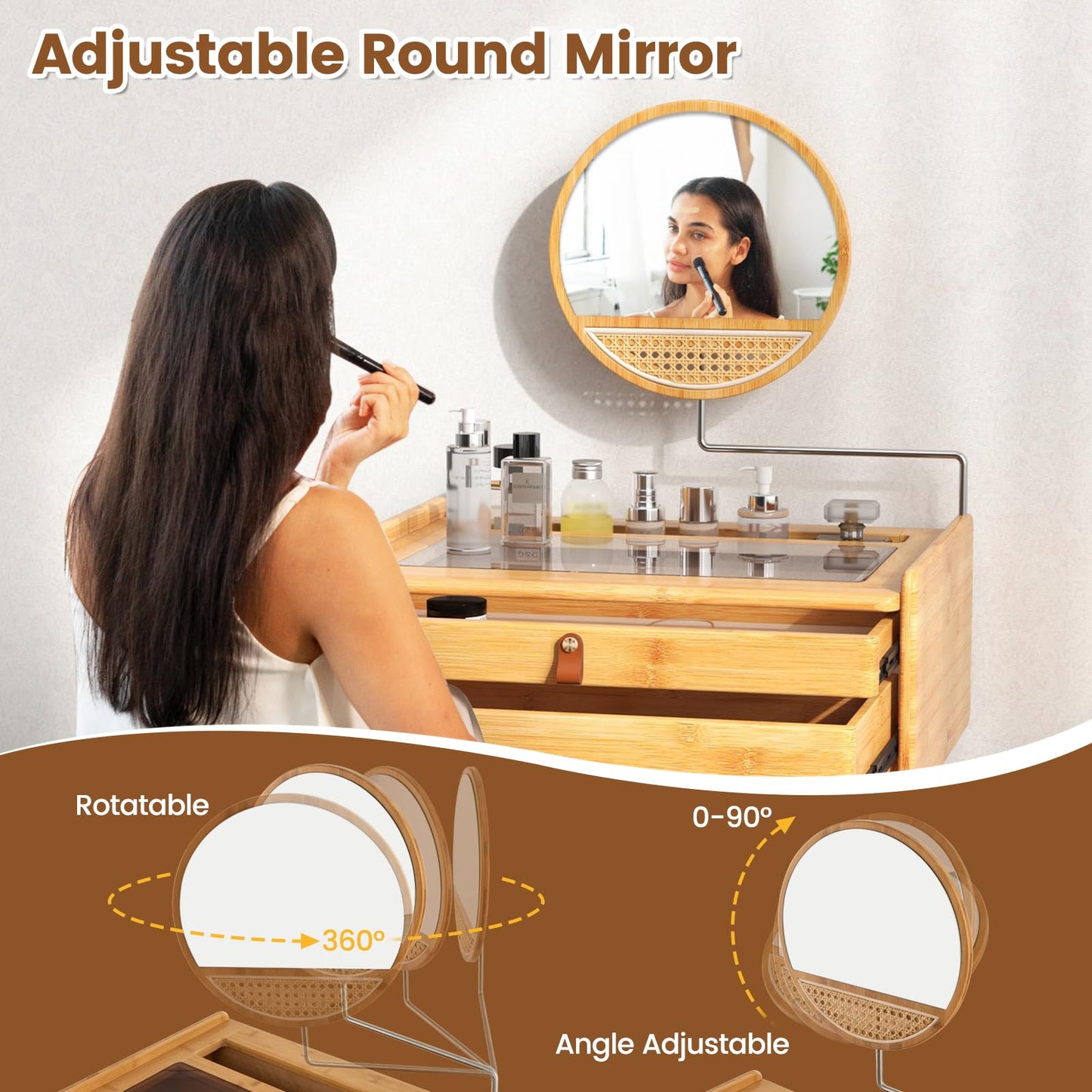 CHARMAID Makeup Vanity Table, Space-Saving Bamboo Vanity Desk with Rotating Mirror, 2 Drawers, Deep Storage Alcove, Tempered Glass Tabletop, Girls Dressing Table for Small Space Bedroom (Vanity Desk)