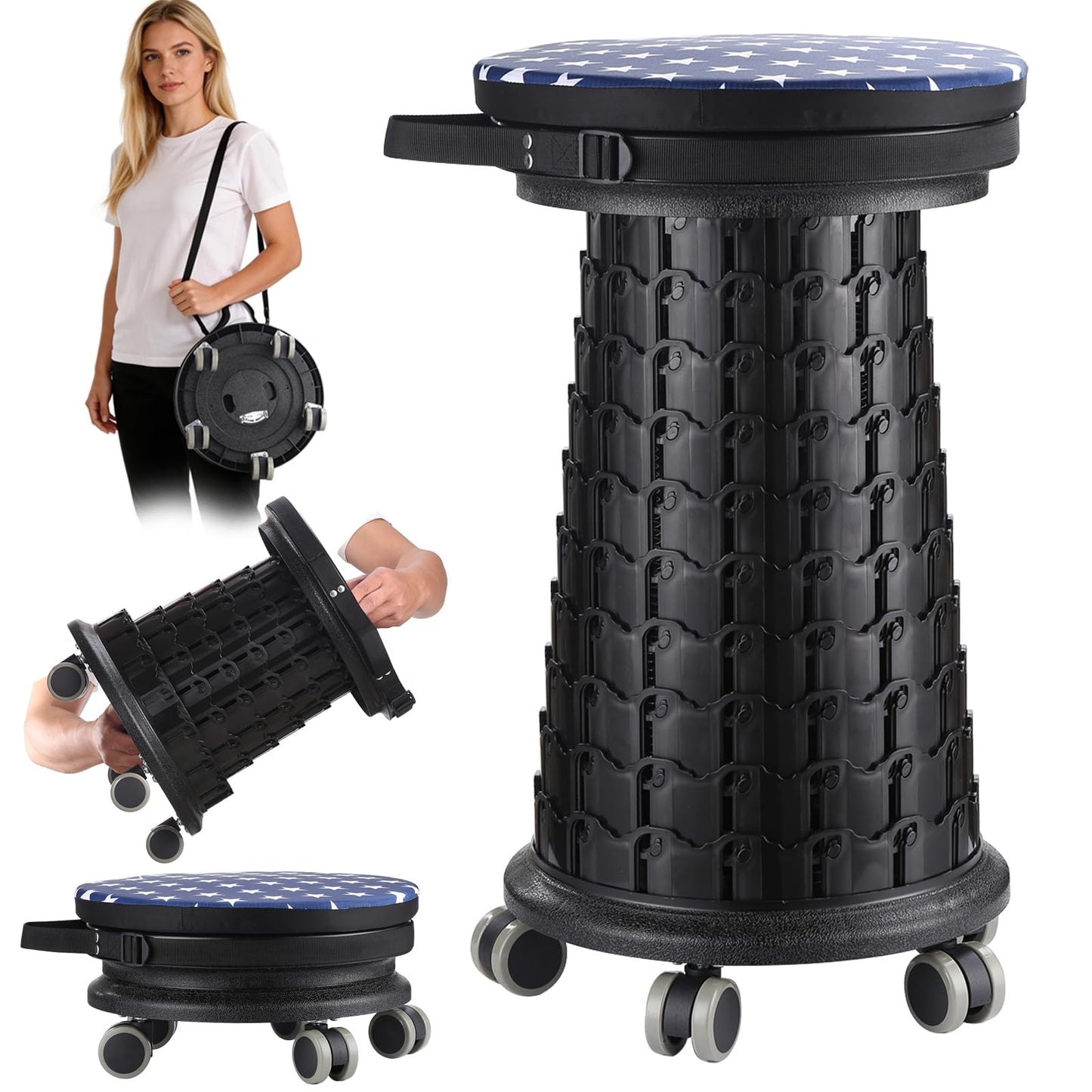 2026 Upgraded 3XL Rolling Collapsible Stool with Wheels | 1000lbs Capacity, 24-in Taller & 13-in Wider Retractable Stool for Adults, Thick Swivel Cushion & 5 Silent Casters, for Home, Garage, Kitchen