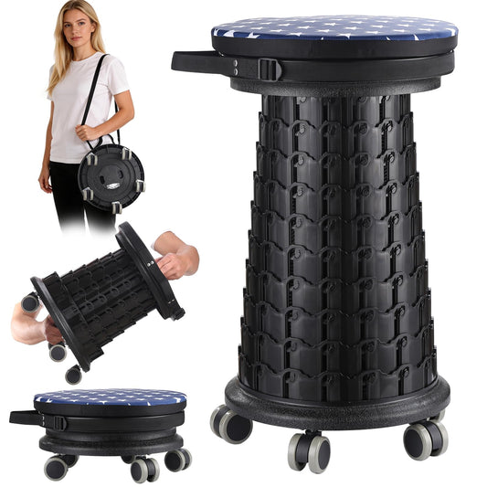 2026 Upgraded 3XL Rolling Collapsible Stool with Wheels | 1000lbs Capacity, 24-in Taller & 13-in Wider Retractable Stool for Adults, Thick Swivel Cushion & 5 Silent Casters, for Home, Garage, Kitchen