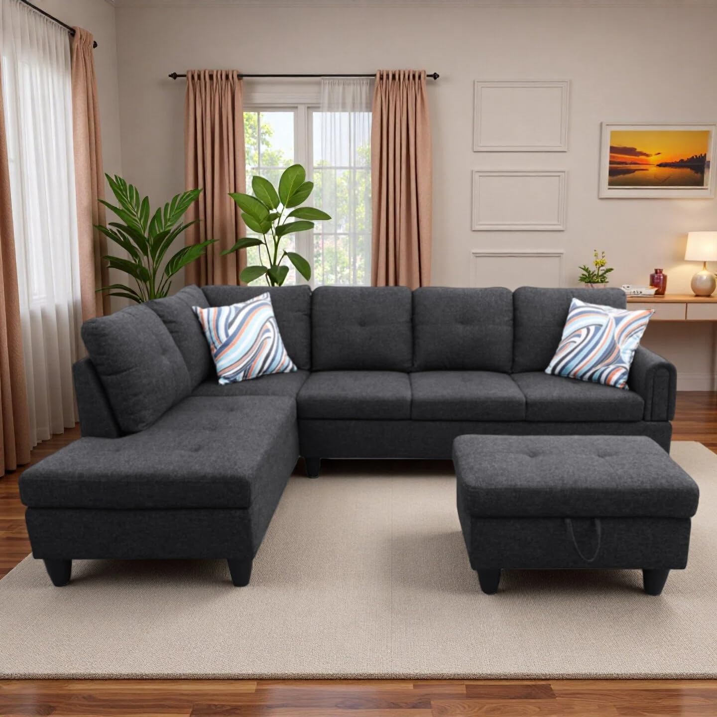 Trygoal L-Shaped Sectional Sofa with Movable Chaise & Storage Ottoman, Lounge 3-Piece Modular Convertible Couches for Living Room, Apartment & Office, Blackish Gray