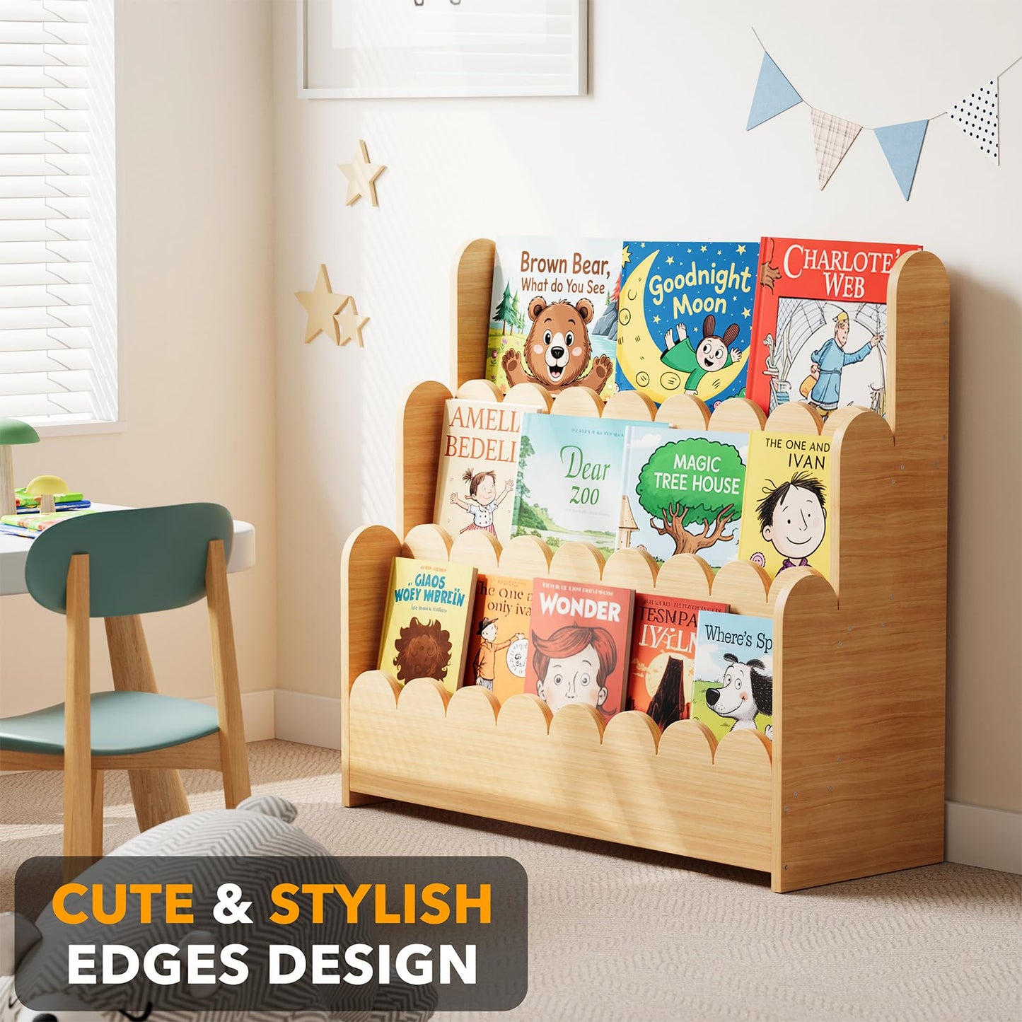 SpaceAid 3-Tier Scalloped Bookshelf, Montessori Bookcase for Toddlers, Wooden Book Shelf Organizer Display Furniture for Kids Rooms, Playroom, Nursery and Classroom, Natural