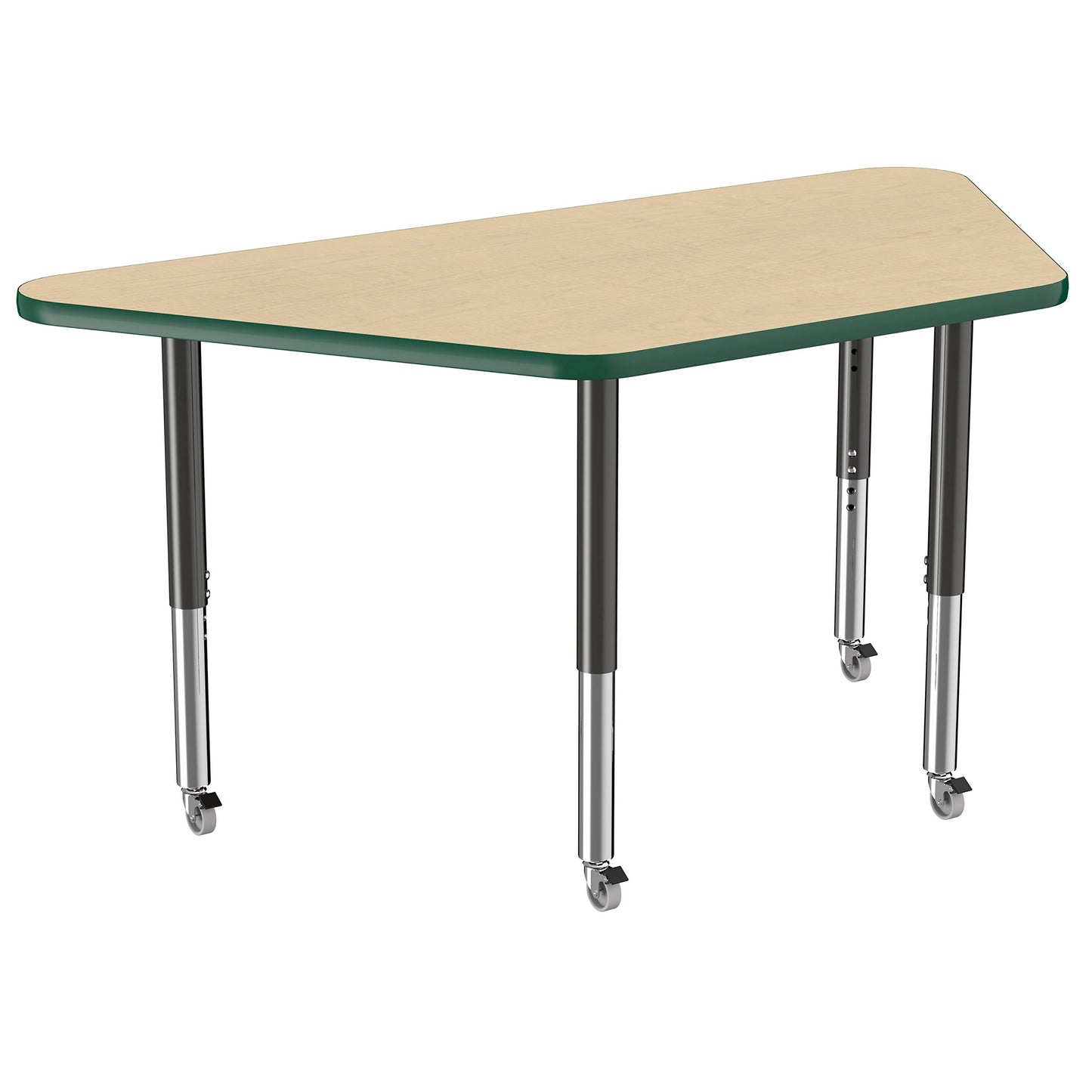 FDP Mobile Trapezoid Activity School and Office Table (30 x 60 inch), Super Legs with Glides and Casters for Collaborative Environments, Adjustable Height 19-30 inches - Maple Top and Green Edge
