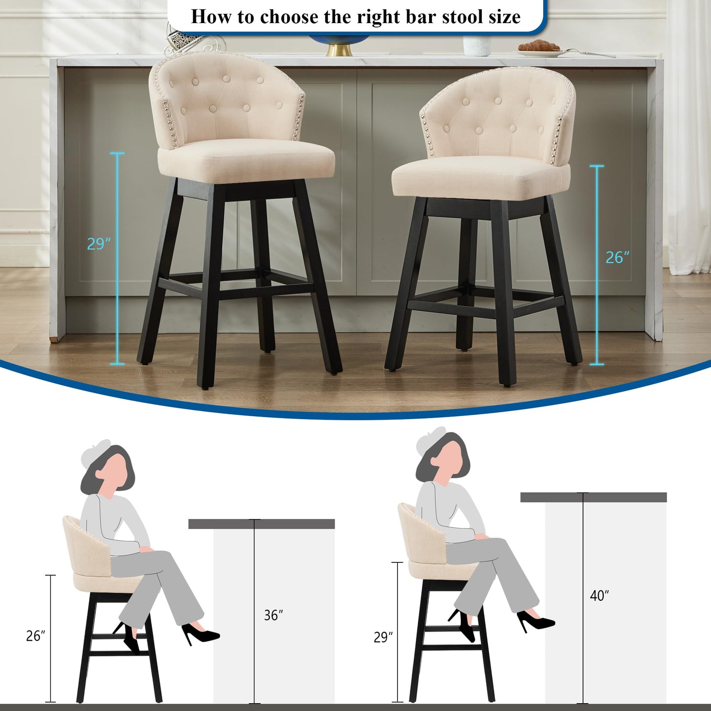 UDAX 29''Swivel Bar Stools Set of 2, Upholstered Barstools with Backs, Modern Counter Height Bar Stool Chairs for Kitchen Island, Wood Legs, Counter Stools