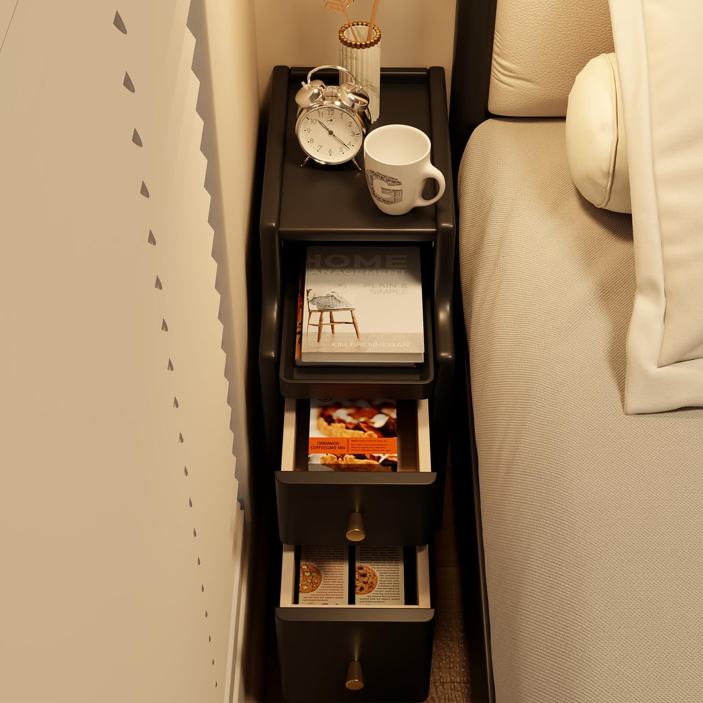 AQIMUELE Narrow Nightstand Set of 2, Small Black Wood Bedside Table with Drawers, End Table for Small Spaces Bedroom