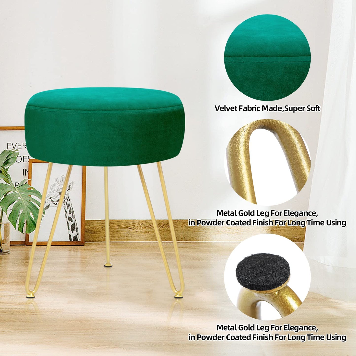 YOONIC Velvet Soft Modern Vanity Footstool -Round Footrest Stool Ottoman Side Table Seat Dressing with Golden Metal Leg and Sponge Filling,Upholstered Foot Rest, for Living Room and Bedroom Teal