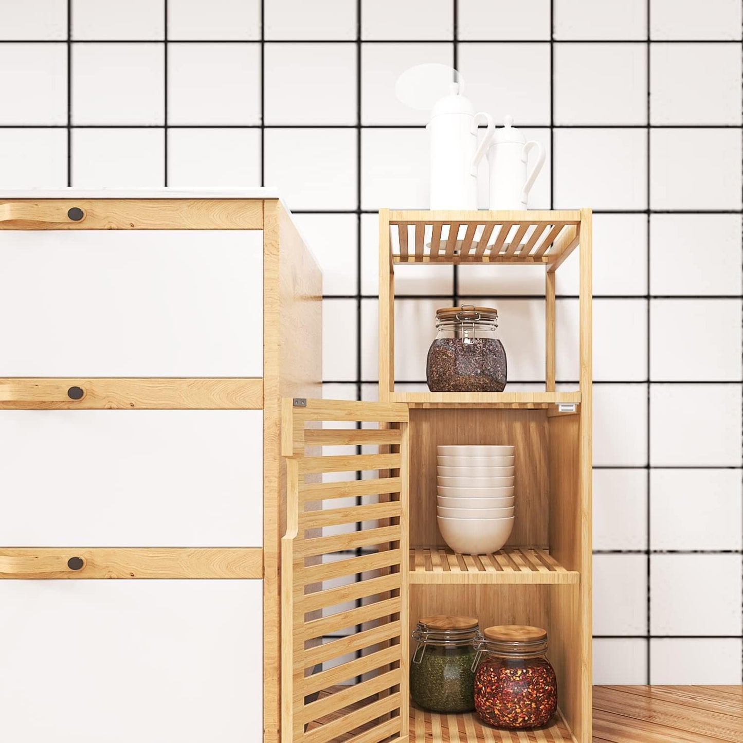 FoverOne Bathroom Bamboo Storage Cabinet, Freestanding Floor Cabinet with Door and Shelf for Bathroom, Living Room, Bedroom, Hallway, Kitchen
