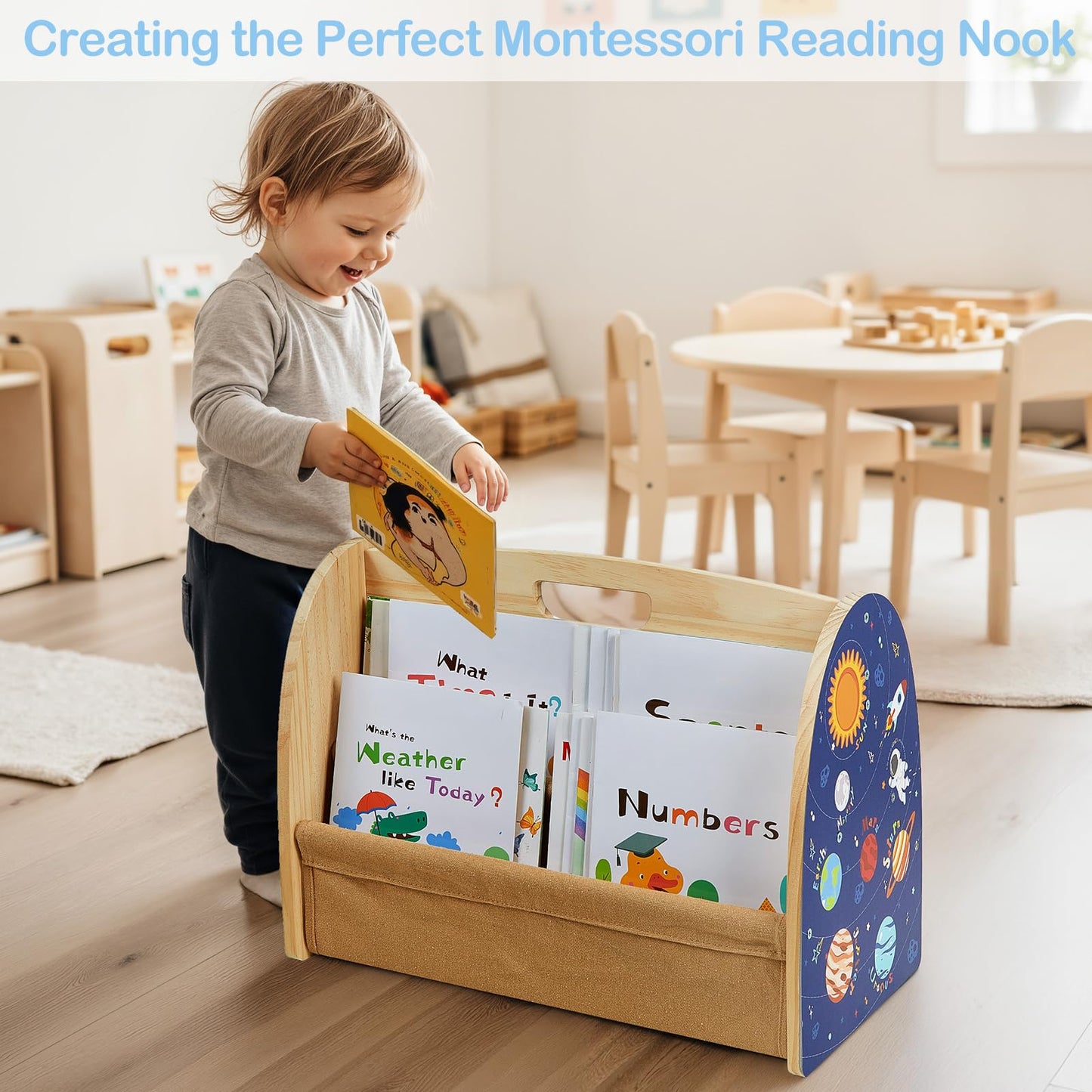 SheSeek Toddler Bookshelf Double-Sided with 4 Tier Deep Sleeves Kids Wooden Montessori Book Rack for Baby Nursery Room, Playroom, Classroom or Bedroom Bookcase Storage Organizer, Blue Astronaut
