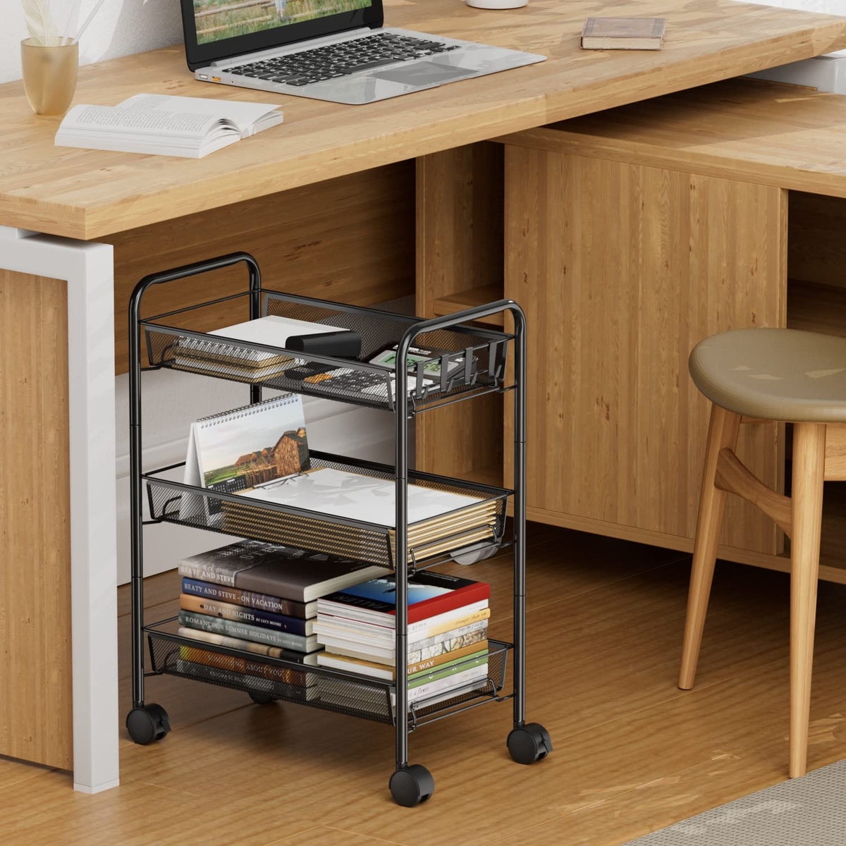 OVICAR Mesh Wire 3 Tier Rolling Cart, Kitchen Storage Utility Cart, Multifunction Basket Stand for Bathroom, Full Metal Storage Art Trolley Carts with Wheels & 4 Side Hooks (Black)