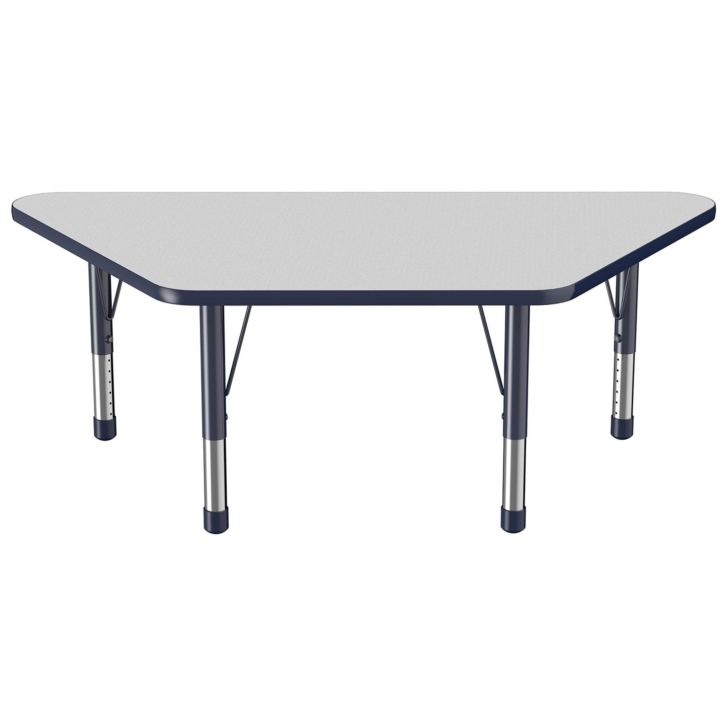 FDP Trapezoid Activity School and Classroom Kids Table (30 x 60 inch), Chunky Toddler Legs for Collaborative Seating Environments, Adjustable Height 15-24 inches - Gray Top and Navy Edge