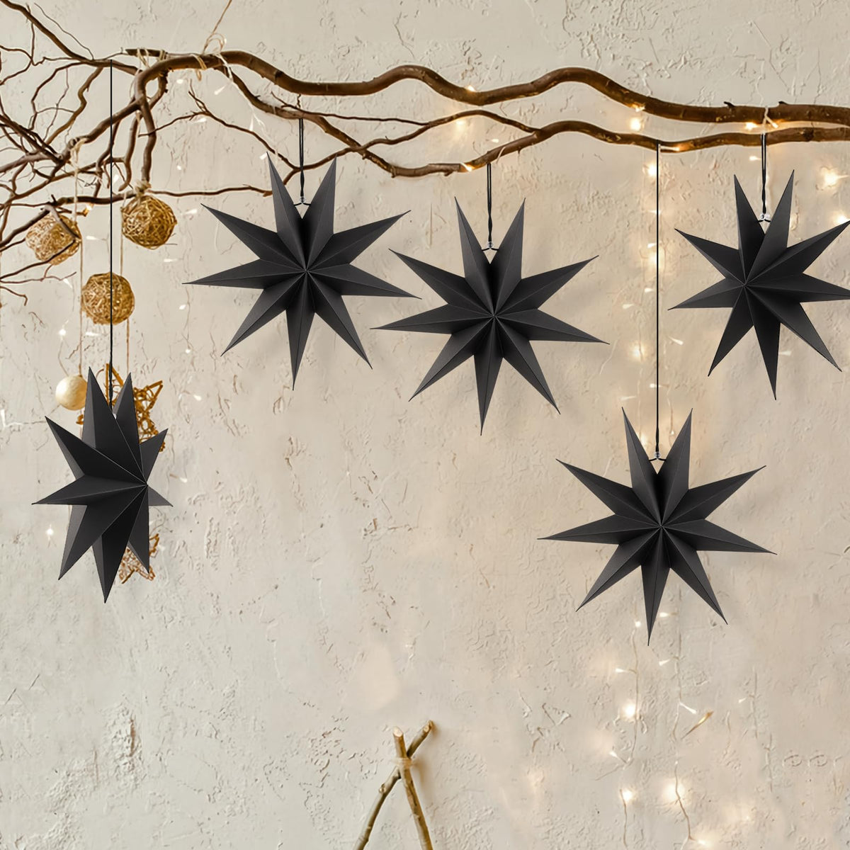 SUNBEAUTY 5 Pcs 9-Pointed Black Paper Star Lanterns 12 Inch Hanging Lamp Black Paper Funeral Decorations Christmas Birthday Home Holiday Party Decorations