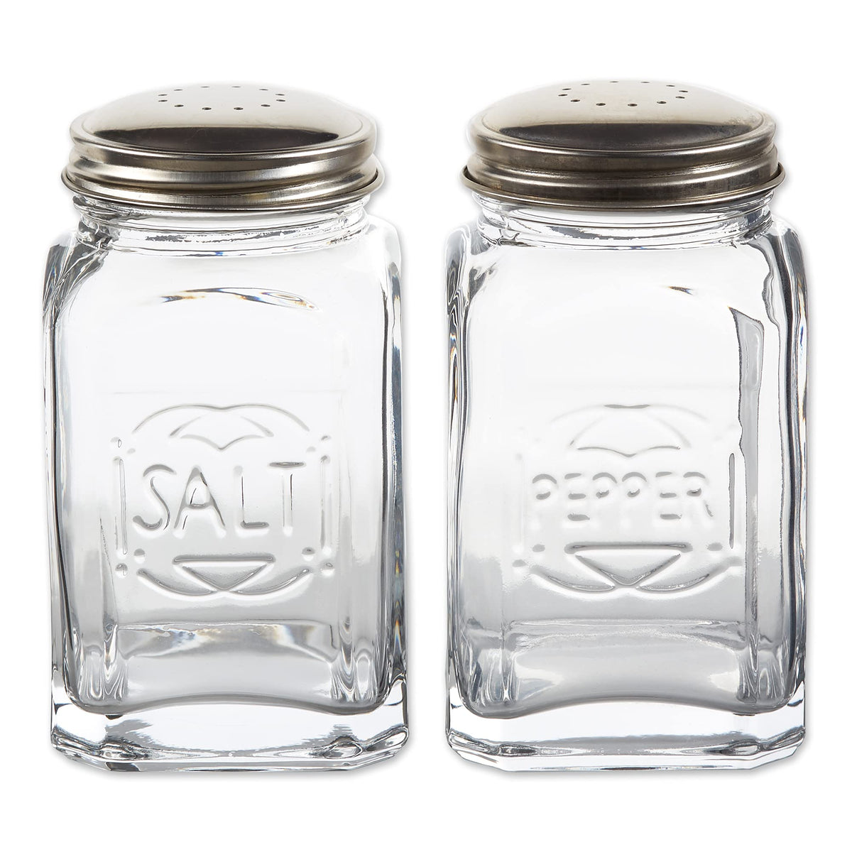 RSVP International Jumbo Retro Glass Salt & Pepper Shaker, Screw On Stainless Steel Lid, Each Shaker Holds 8 Ounces, Clear, 2.25x2.25x4.3, 2 Piece