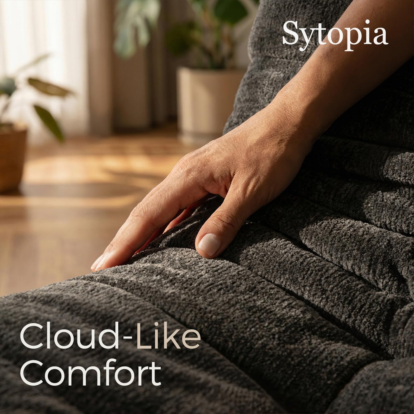 Sytopia Premium Chenille Bean Bag Chair for Adults, Oversized 35D Memory Foam Floor Sofa, Giant Deep Seat Gaming Reading Nook, No Assembly Required, Black Onyx