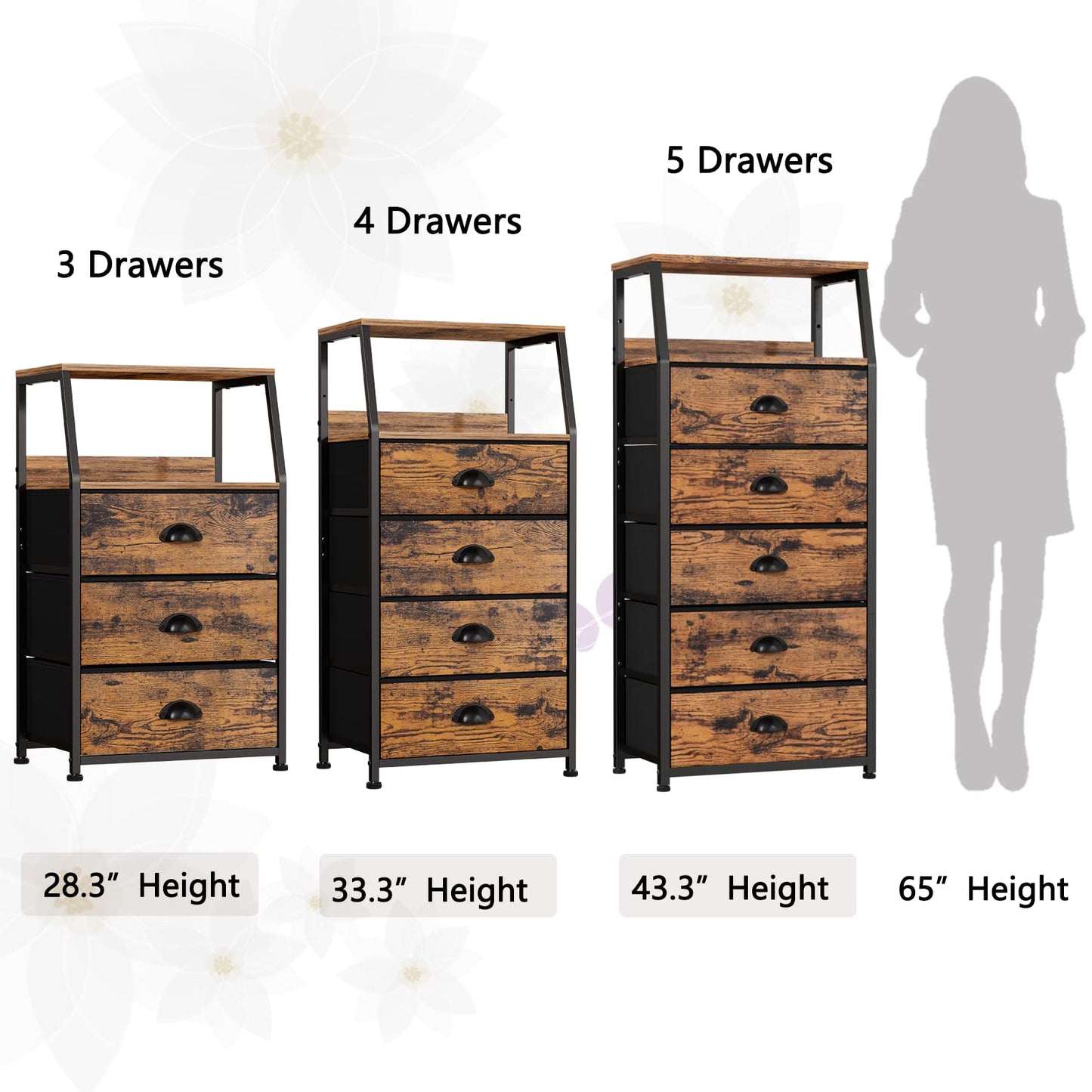Furnulem Nightstand with 3 Drawers and 2-Tier Shelf, Fabric Small Dresser Organizer Vertical Storage Tower for Bedroom, Closet, Hallway, Nursery, End Table Side Furniture, Sturdy Steel Frame, Wood Top