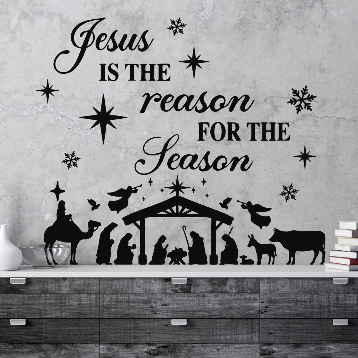 3 Pcs Nativity Scene Decor Stickers Christmas Bible Quotes Christian Vinyl Wall Decal Set Jesus is The Reason for The Season Bible Verse Wall Decals Joy to The World Stickers for Home
