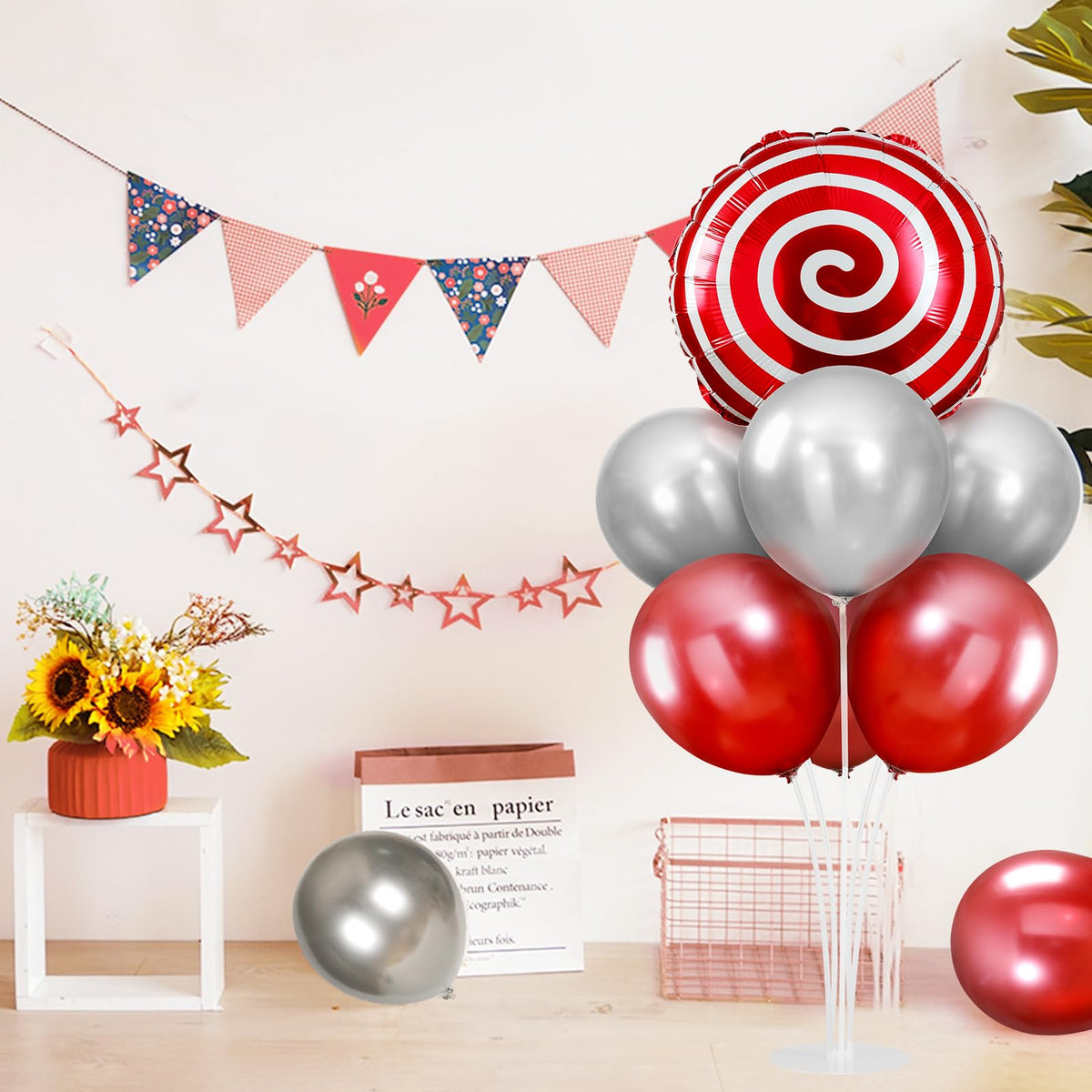 2 Sets Red White Lollipop Balloon Stand Kit, 18 Inch Swirl Foil Balloons Table Centerpieces for Candyland Birthday Party Decorations, Baby Shower, Sweet Candy Themed Party Supplies-Red