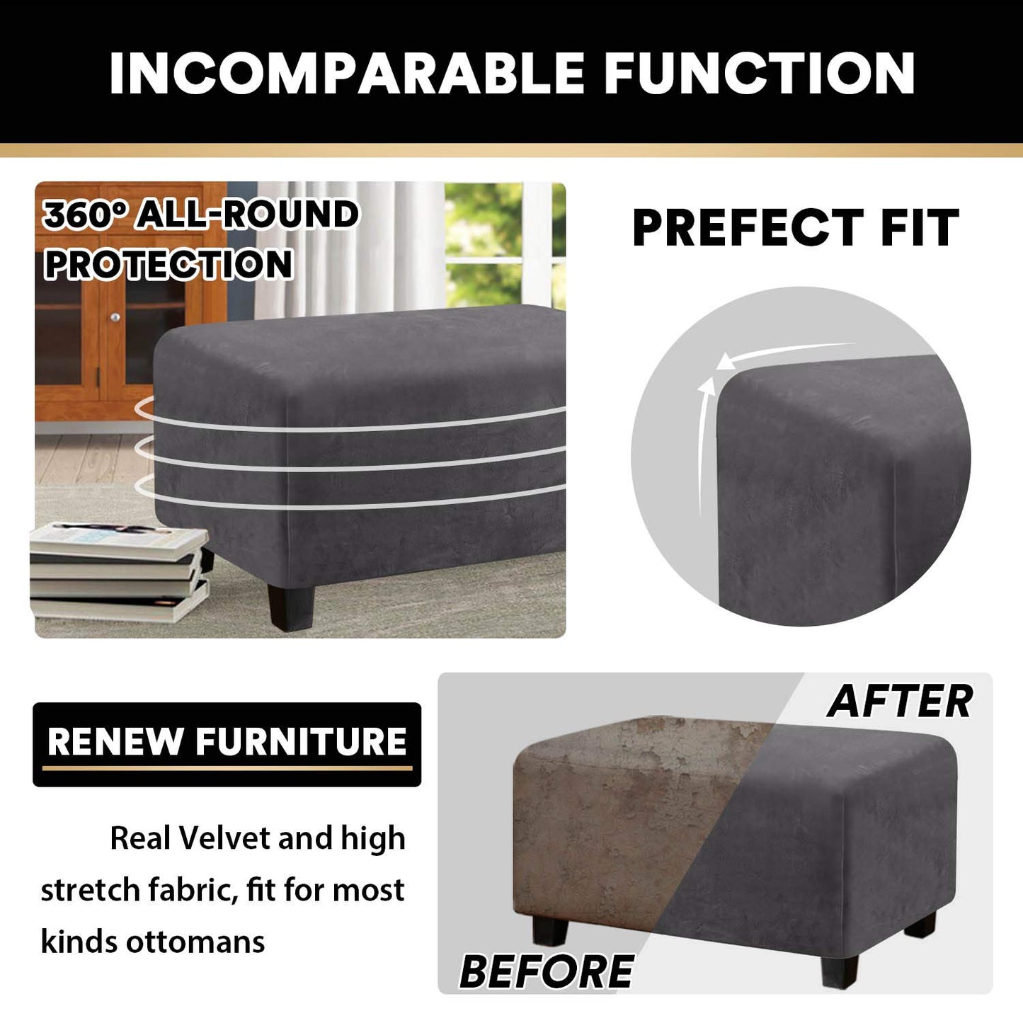 PrinceDeco Real Velvet Plush Ottoman Cover Soft Rectangle Folding Storage Covers Furniture Protector Removable Footstool Protect Footrest Covers Elastic Bottom(X-Large, Grey)