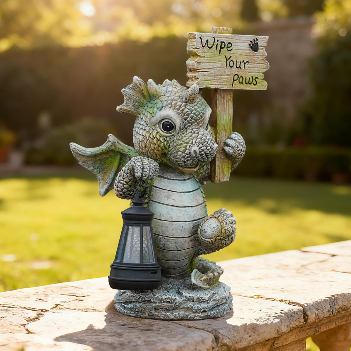 Joint Honglin Solar Dragon Garden Statue with Hanging Lantern - Cute Welcome Sign, Waterproof Resin Dinosaur Figurine, Outdoor Yard Decor for Front Door, Porch, Patio, Dog Pet Lover Gift