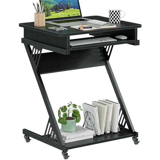 ALISENED Computer Desk for Small Spaces,23.6" Z-Shaped Compact Study Table with Smooth Keyboard Tray,with Wheels and Bottom Shelves for Home Office，Computer Cart Mobile Laptop Cart