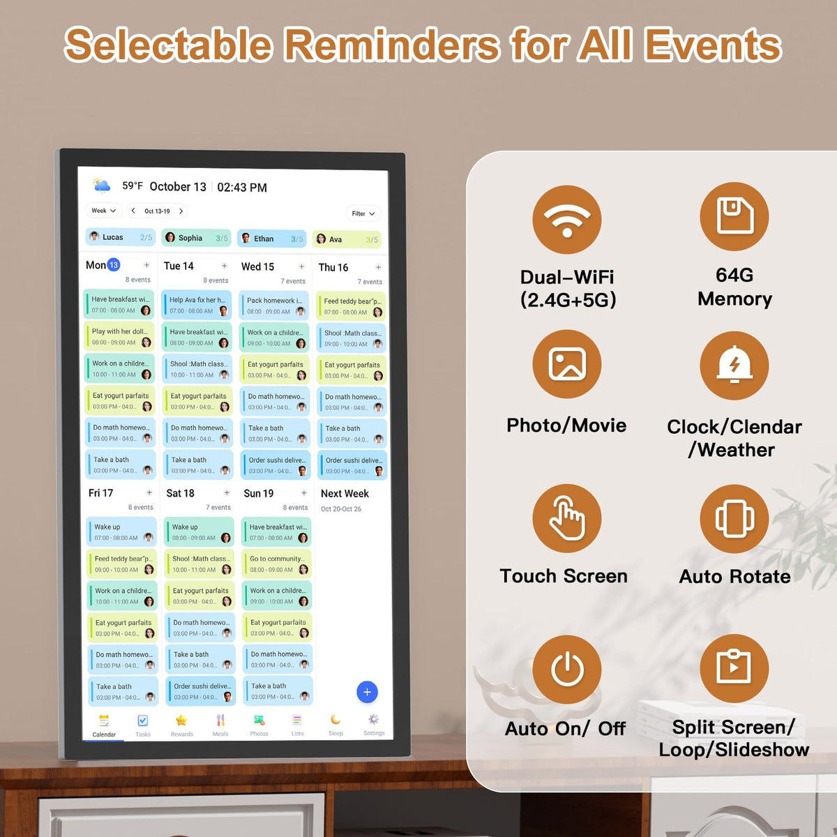 27-inch Wall Planner Digital Calendar-Chore-Chart - Full HD Interactive Touchscreen, Electronic Calendar, Task Rewards System, No Subscription, Sync Online Cal Via App, Wall Mountable, Gift for Dad