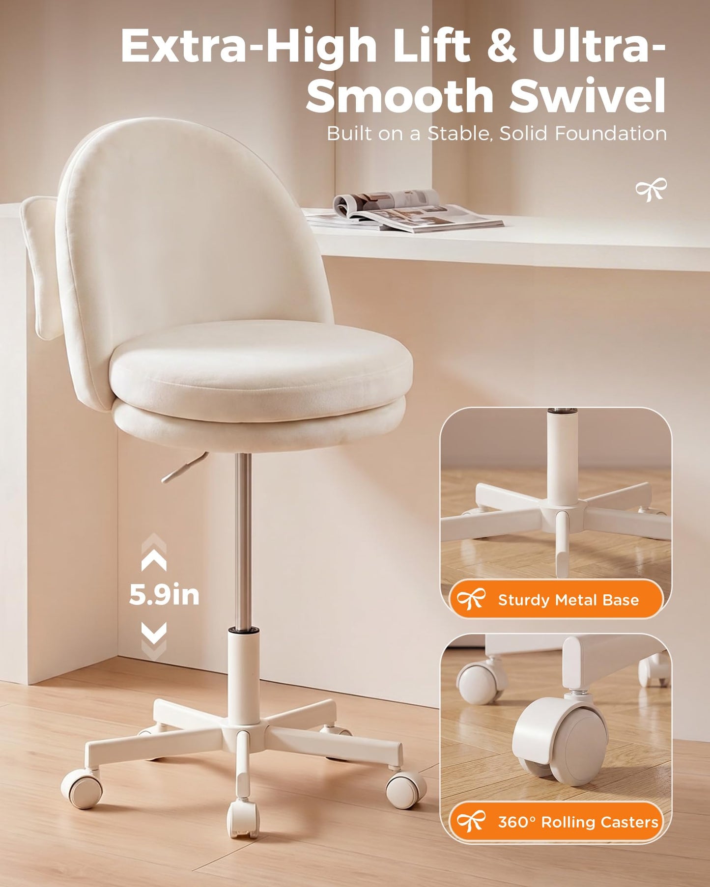 GTPLAYER Velvet Tall Office Chair with Wheels Vanity Chairs with Back, Versatile Height Use: Office to Bar Stools Small Ergonomic Comfy Armlees Computer Desk Chair with Bow Lumbar Pillow for Gift